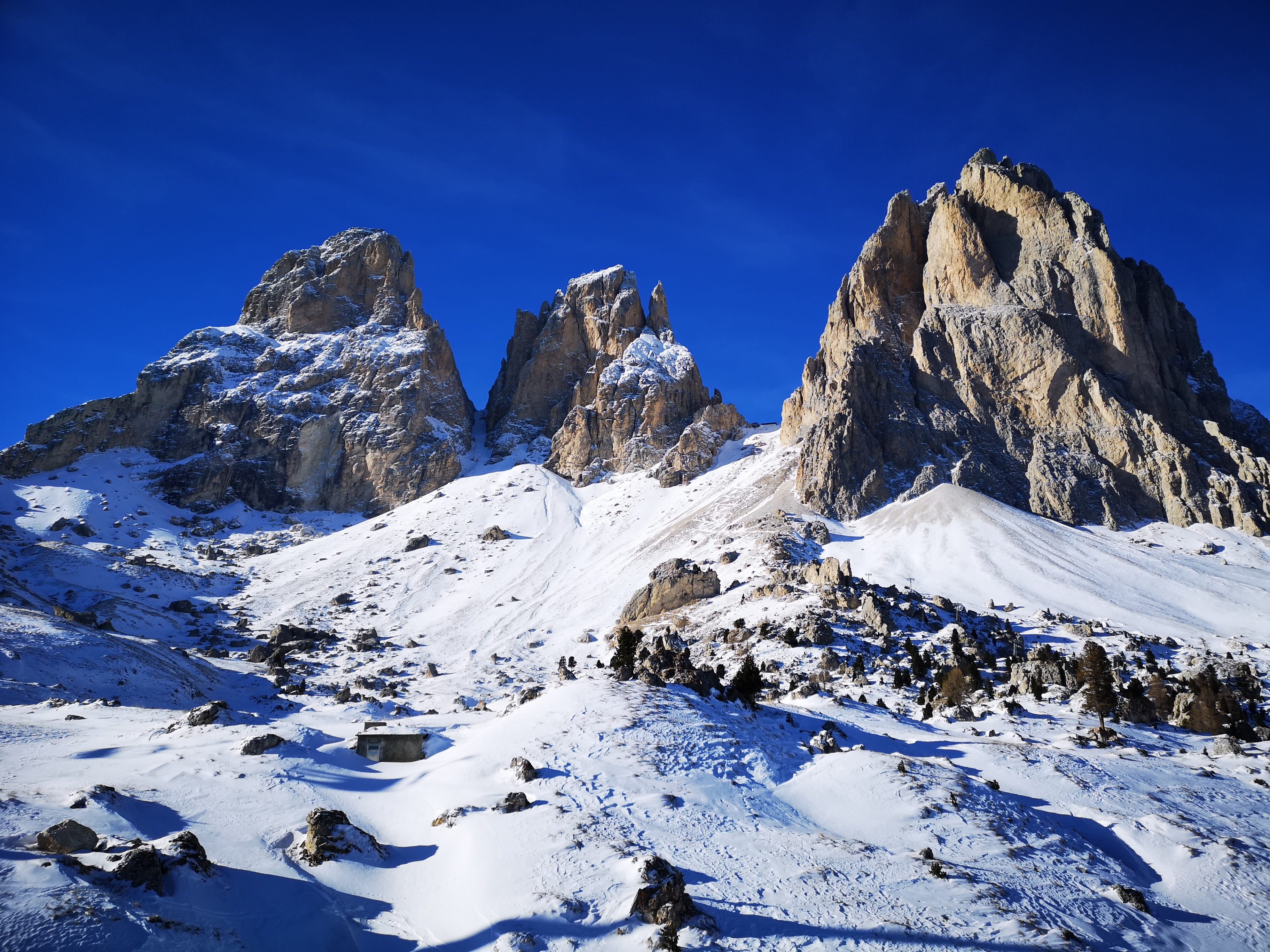 2K, mountain, snow, sky, scenics - nature, day, beauty in nature, snowcapped mountain, winter, italy, val gardena, white color, environment, sassolungo, HD Wallpaper