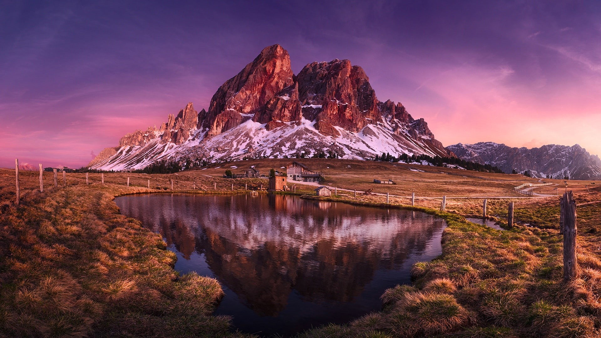 wackerer lake, italy, south tyrol, eu, purple sky, evening, puez odle natural park, nature, puez-odle natural park, sky, mountain lake, reflection, mountain, HD Wallpaper