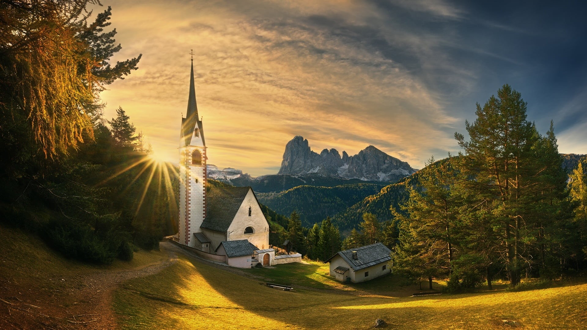 ortisei, cloud - sky, mount scenery, mountain village, spire, 1080P, dolomites, place of worship, st ulrich, landmark, tower, cloud, landscape, urtijei, HD Wallpaper