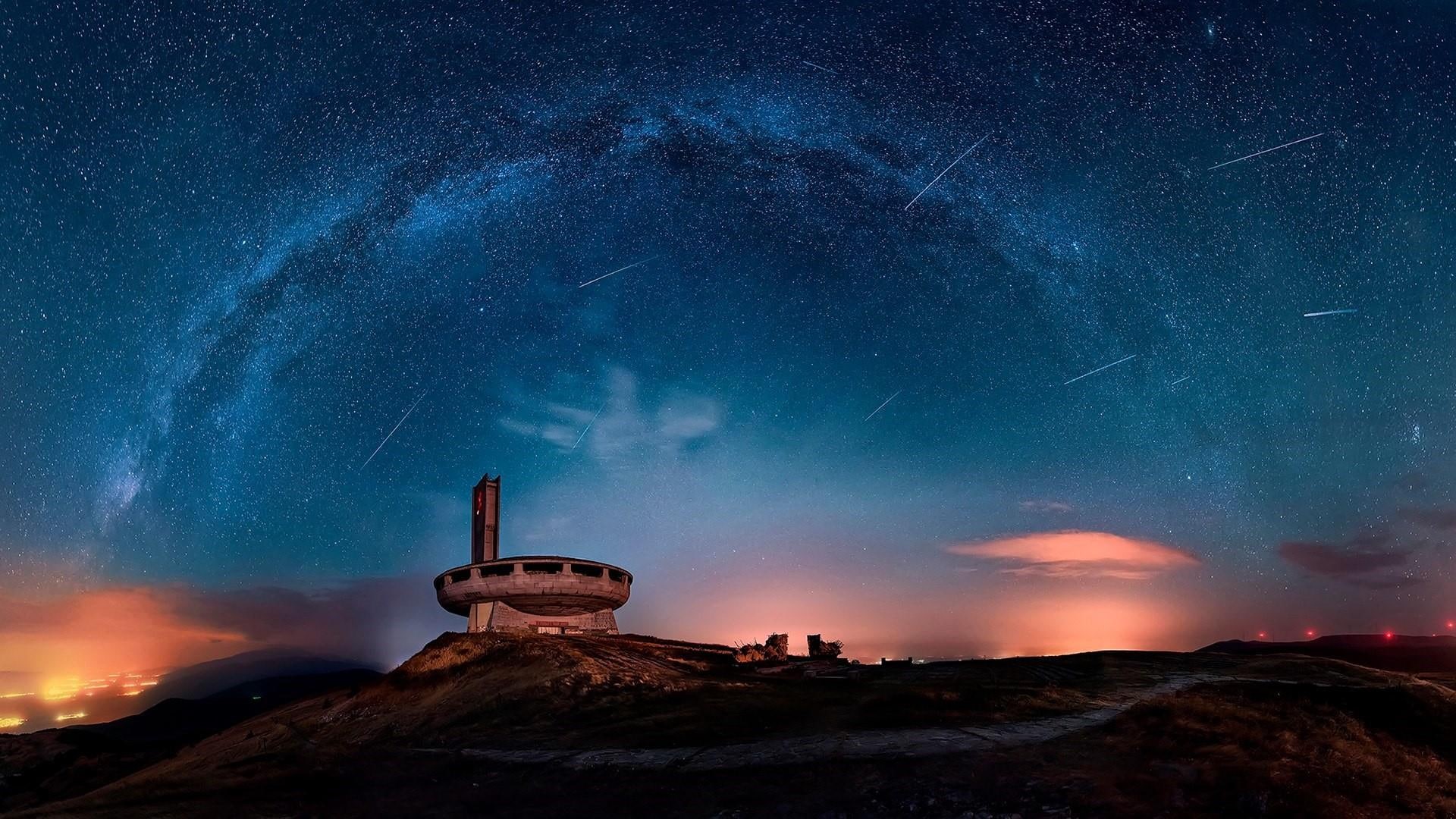 atmosphere, starry sky, milky way, sky, horizon, night, night sky, starry night, buzludzha monument, stars, nature, landscape, 1080P, central balkan mountains, HD Wallpaper