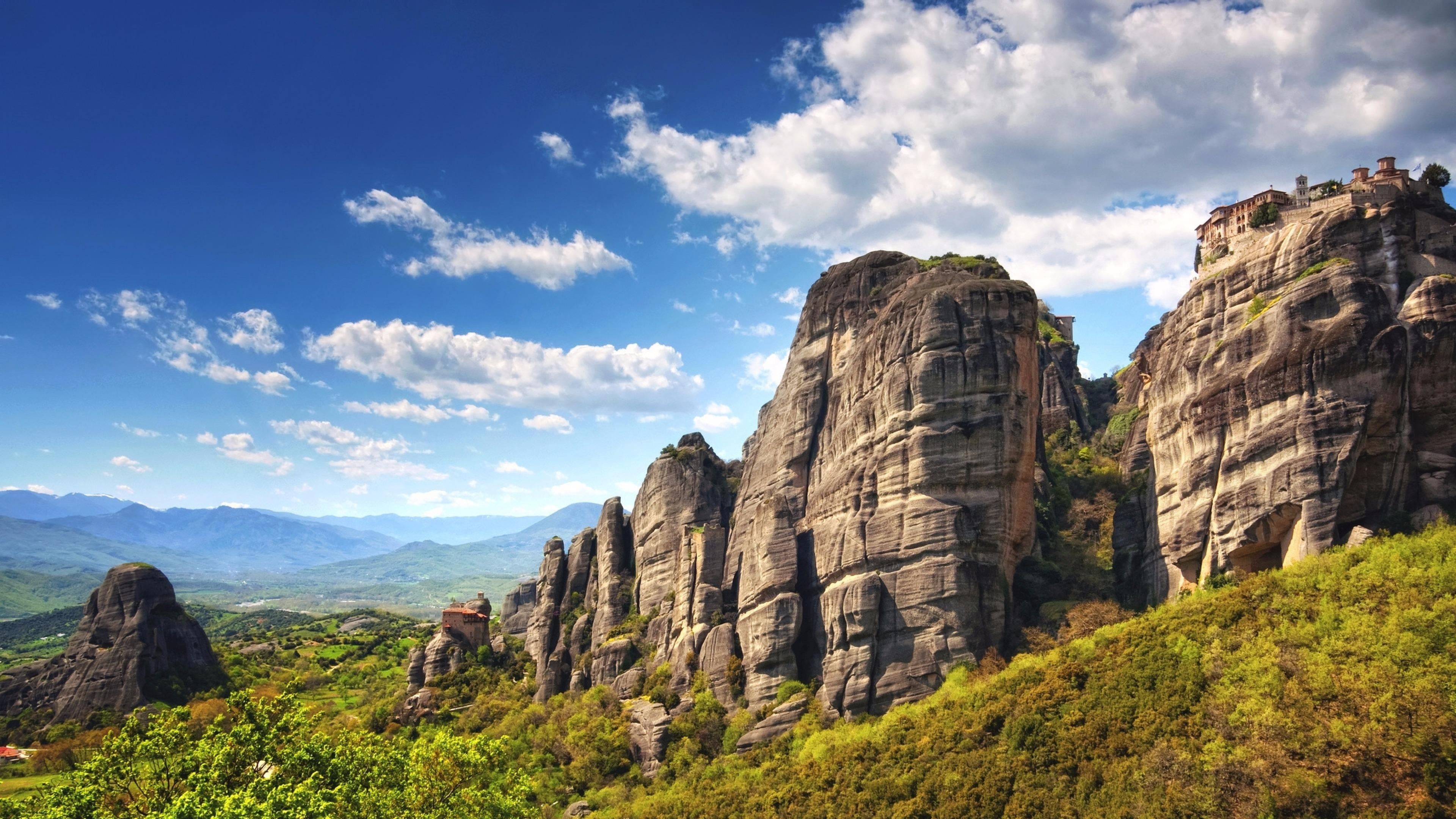cloud, tranquility, tree, environment, scenics - nature, solid, 4K, monastery, cliff, mountainous landforms, non-urban scene, greece, land, rock - object, HD Wallpaper