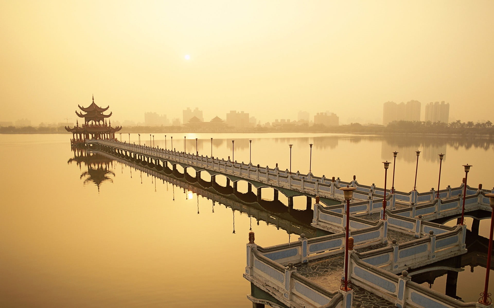no people, waterfront, concrete, 1080P, scenics - nature, connection, brown, sky, Taiwan, bridge, tranquility, reflection, river, architecture, white, HD Wallpaper