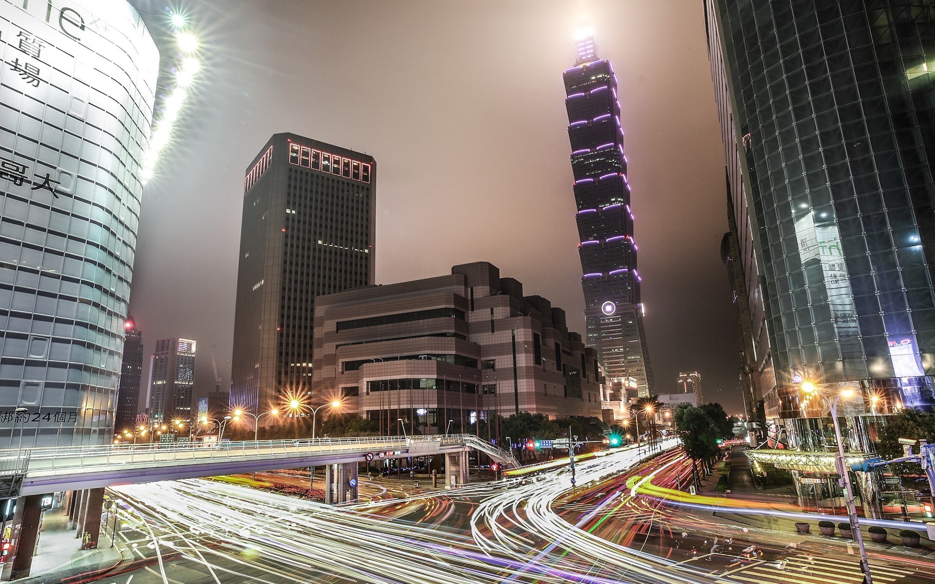 office building exterior, long exposure, transportation, road, sky, 1080P, motion, street, building exterior, light trail, horizon, built structure, financial district, HD Wallpaper