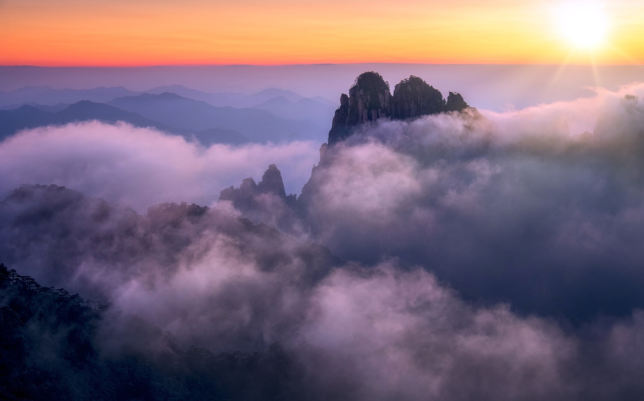 sunset, Anhui, mountains, 1080P, clouds, Huangshan, China, HD Wallpaper