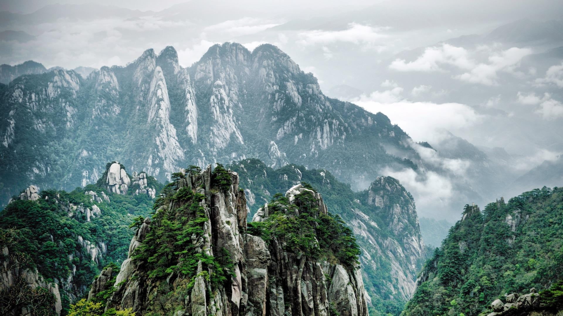cloud - sky, plant, landscape, 1080P, mountain, lotus peak, remote, beauty in nature, tranquility, huangshan, cloudy, sky, environment, rock - object, HD Wallpaper