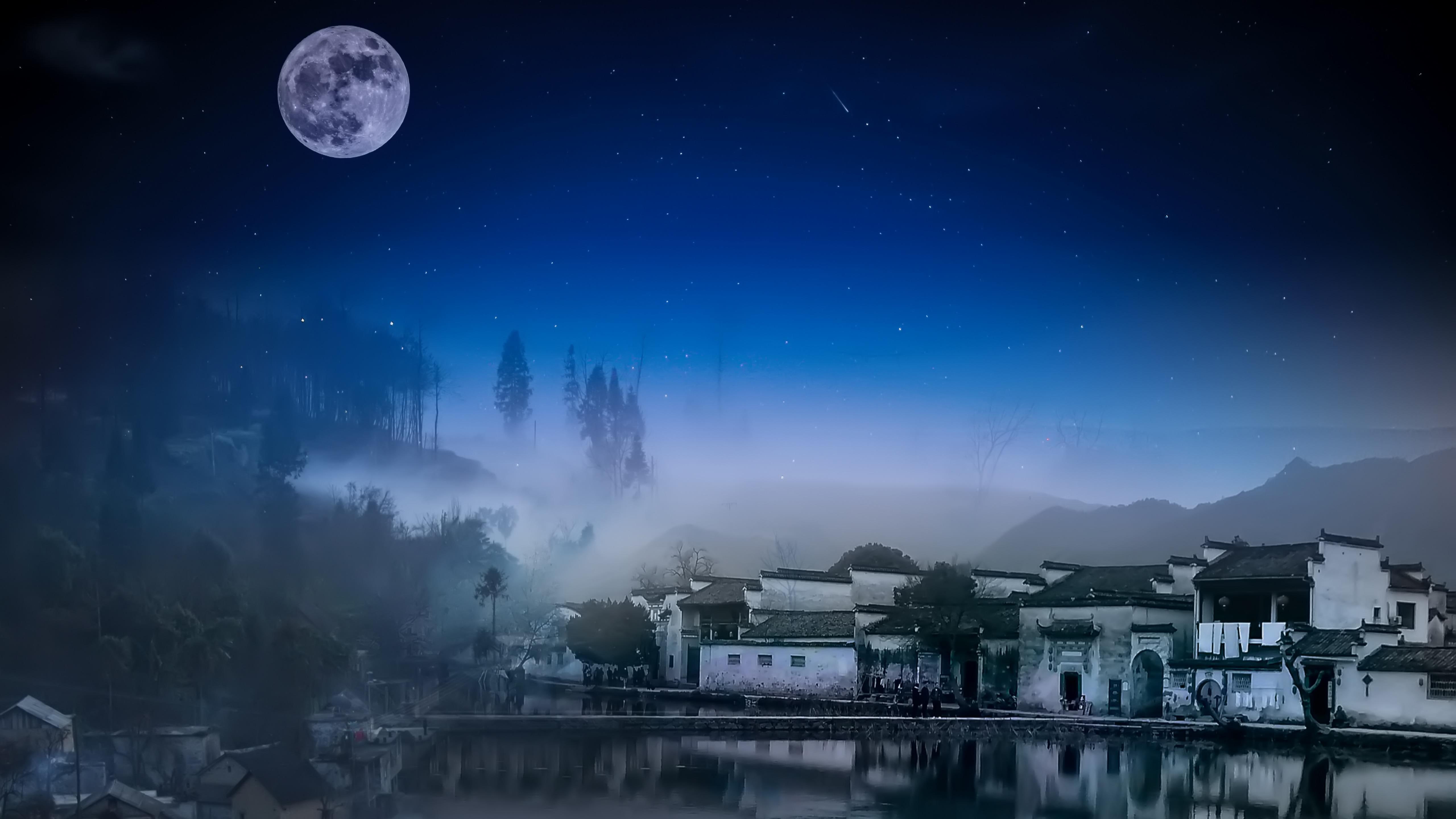 china, reflection, 5k uhd, anhui, yixian, huangshan, asia, darkness, night sky, starry sky, full moon, 5K, night, 5k, village, yi county, HD Wallpaper