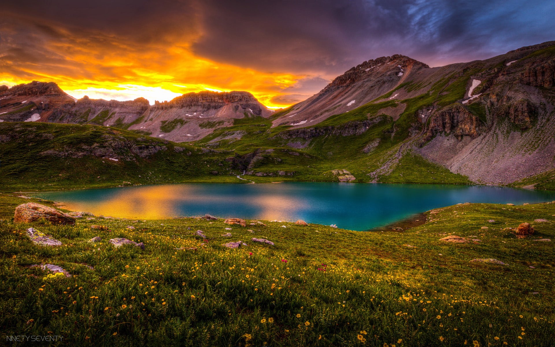 sunset, orange, clouds, juan, flowers, meadow, national, mountains, san, wild, ice, rocky, forest, spring, 1080P, landscape, lake, colorado, HD Wallpaper