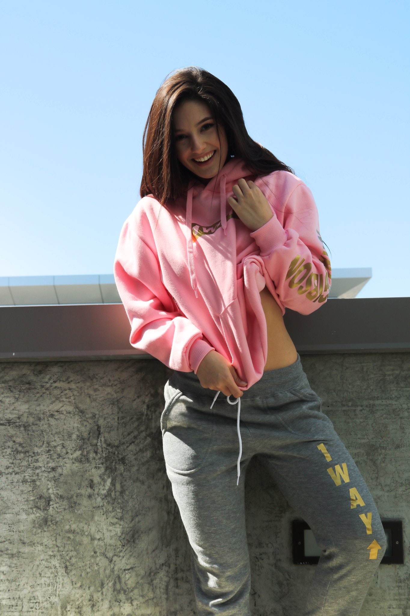 women, long hair, sky, front view, model, day, pink color, architecture, nature, standing, 1080P, Natalie Gibson, young adult, brown hair, casual clothing, Phone HD Wallpaper