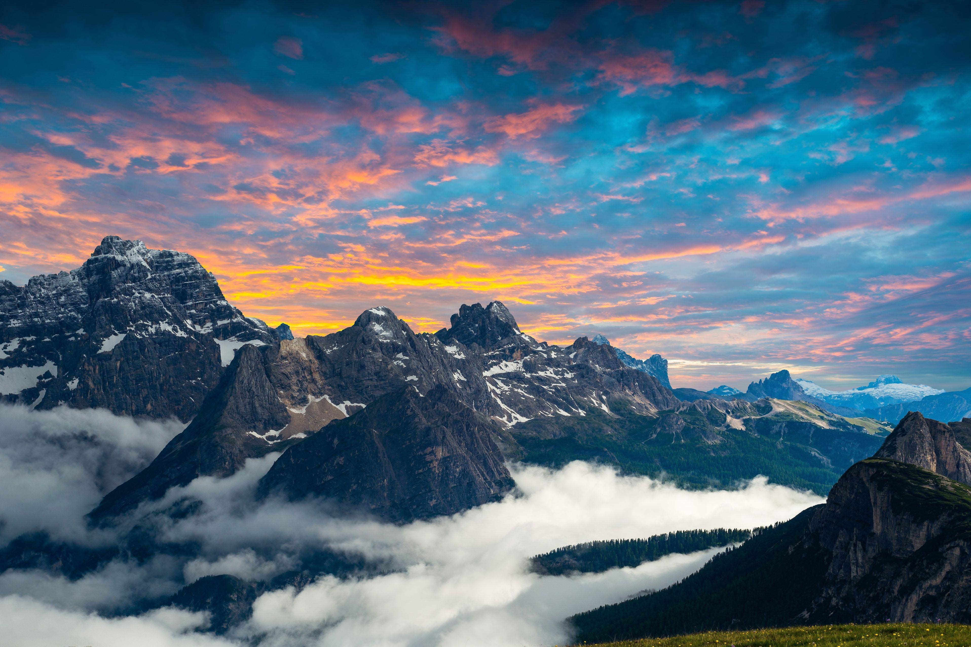 Italy, Dusk, Dolomites, Tre Cime di Lavaredo, mountain, clouds, Three Peaks, 2K, range, 4K, covered, HD Wallpaper