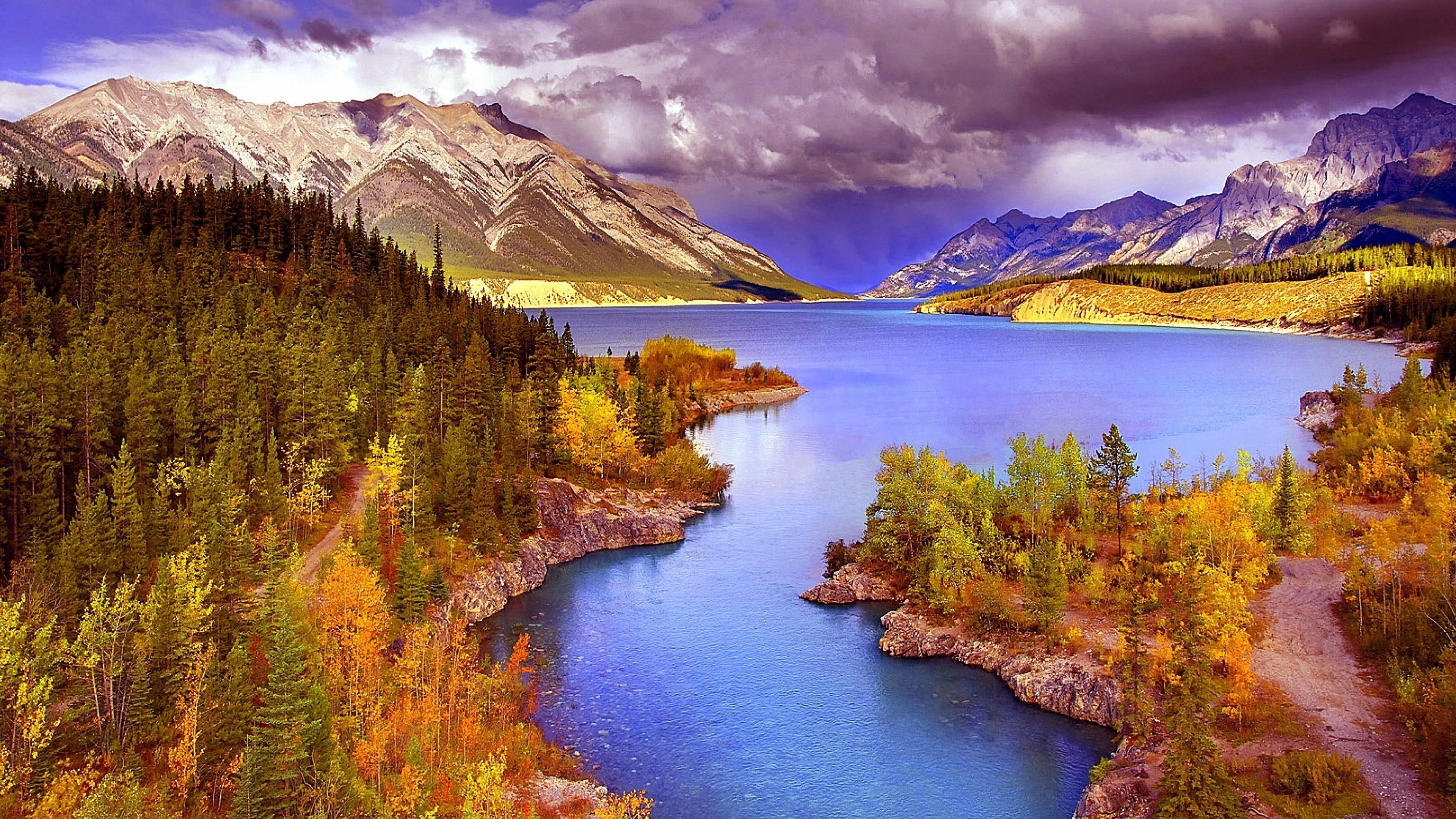 4K, change, scenics - nature, mountain, coniferous tree, abraham lake, environment, non-urban scene, tranquility, idyllic, water, banff national park, HD Wallpaper