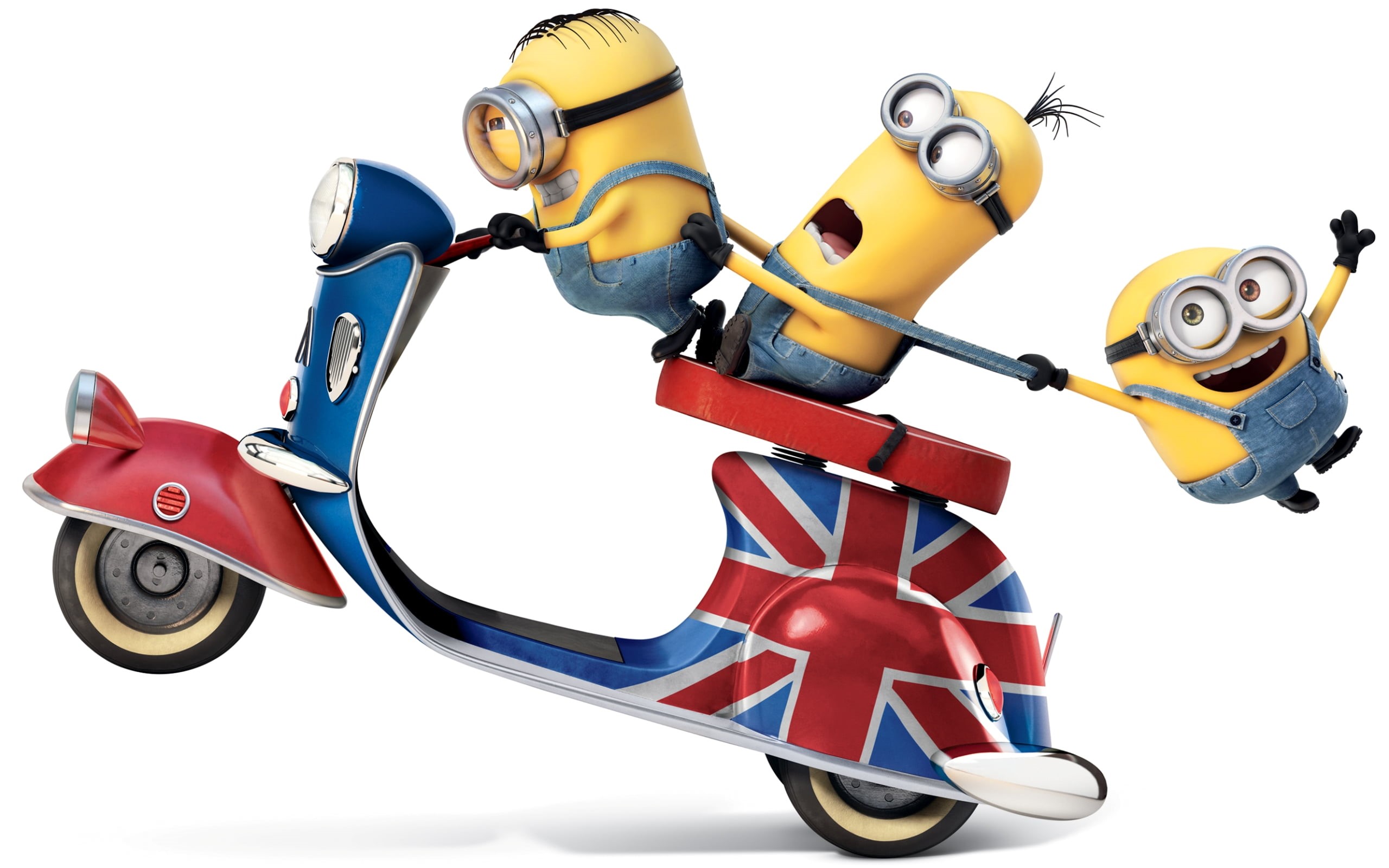 day, Movies, scooter, indoors, Hollywood Movies, motorcycle, bob, 2K, 2015, stuart, minions, shape, mode of transportation, toy, close-up, studio shot, HD Wallpaper