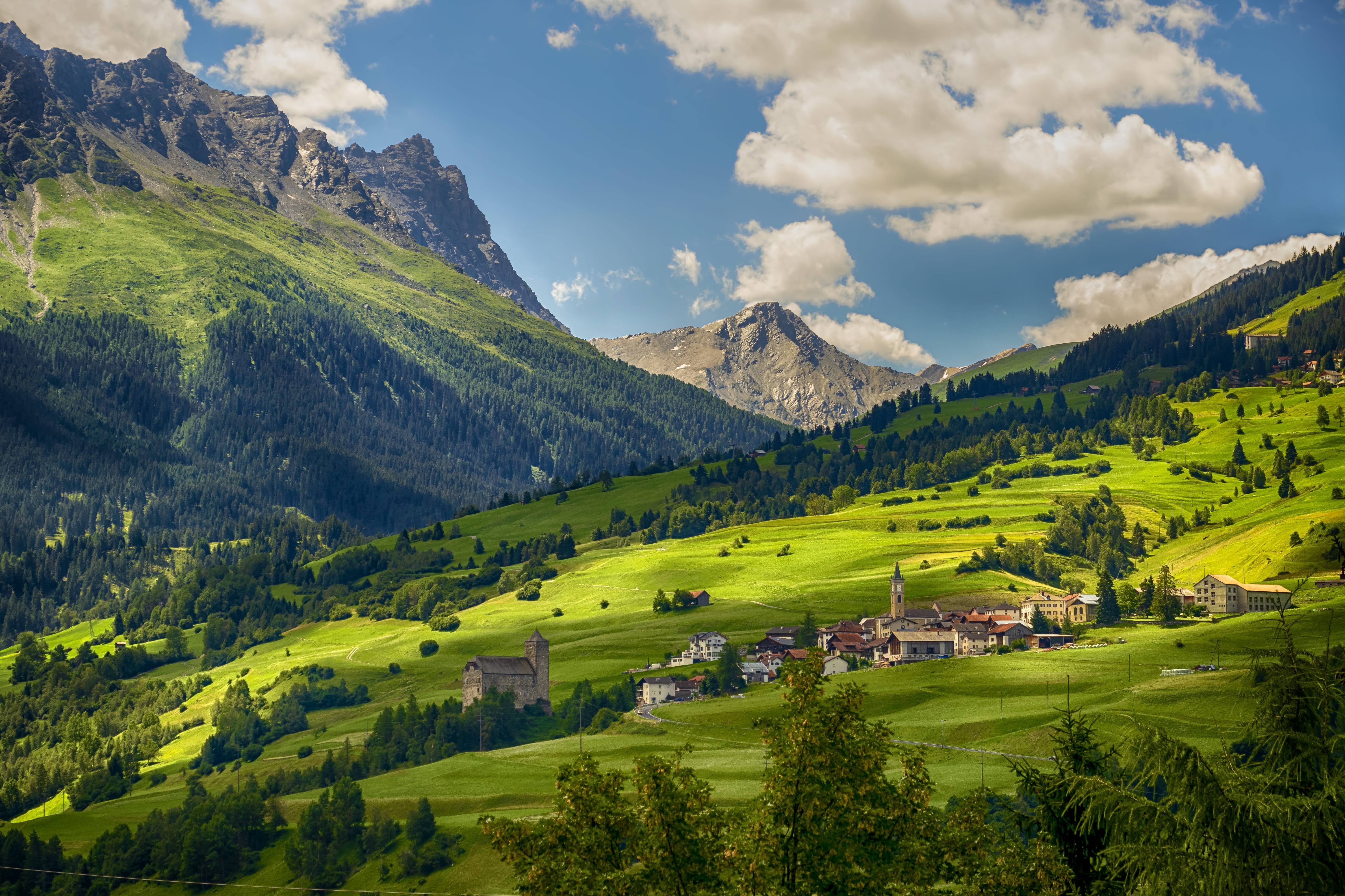 switzerland, tranquility, tops, peak, plant, environment, snow, buildings, building, alpine, land, mountains, clouds, nature, scenics - nature, tourism, HD Wallpaper