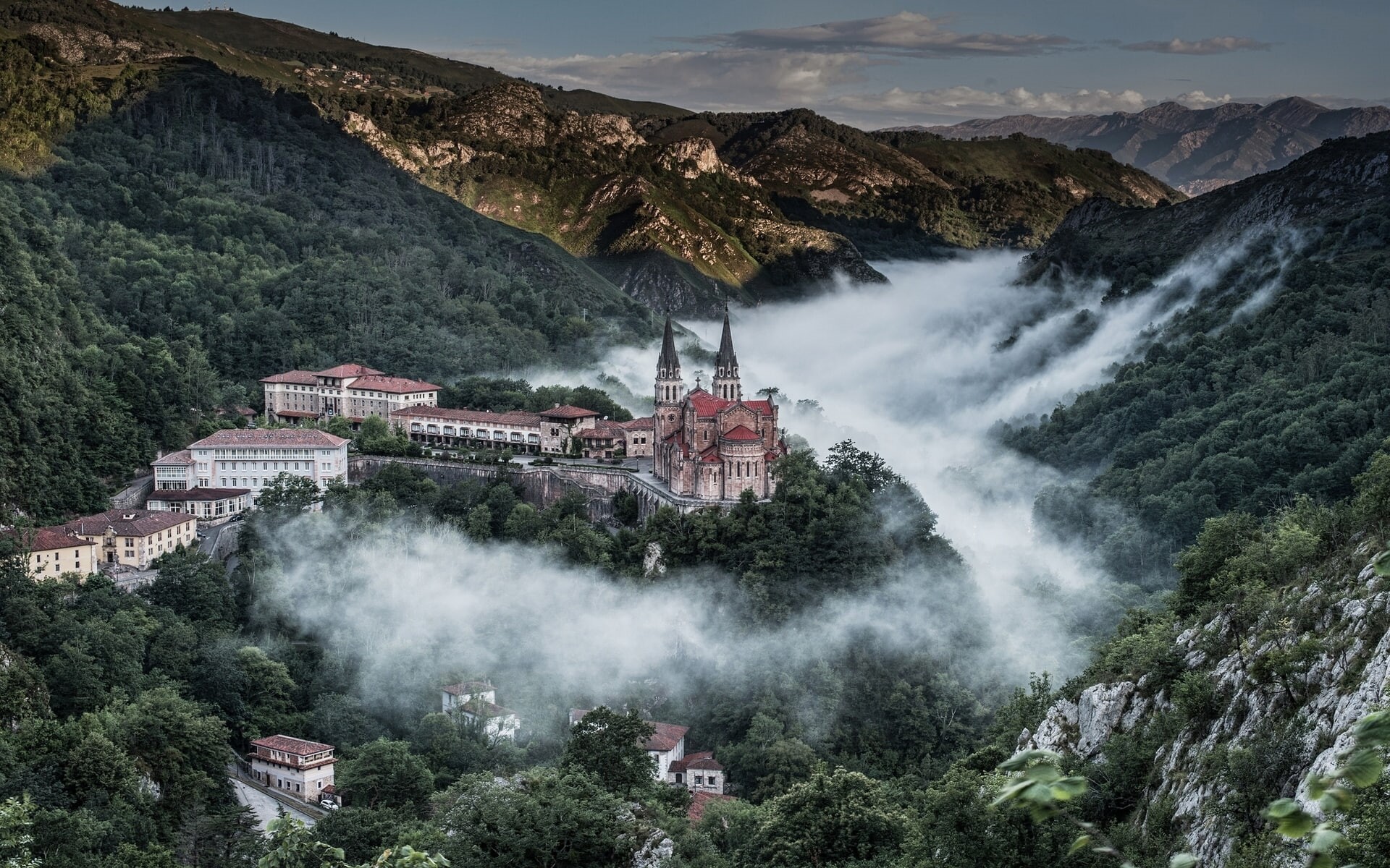 1080P, concrete, mountain range, Asturias, building exterior, plant, building, environment, sky, high angle view, scenics - nature, motion, architecture, HD Wallpaper