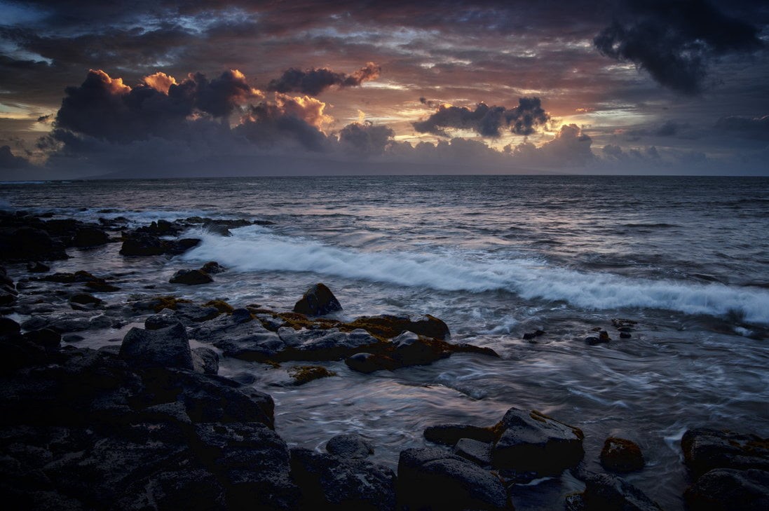 nature, sunny, travel, clouds, weather, scenics, photo, Twilight, outdoors, shore, sunrise, sea, dark, cloud - Sky, hawaii, beach, season, sea  beach, water, HD Wallpaper