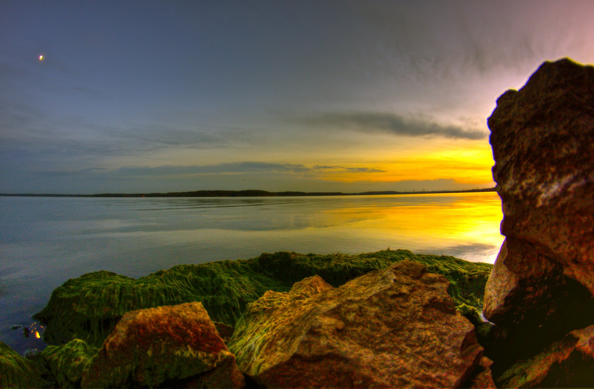 dusk, moon, outdoors, near, sky, golden hour, golden, earth, coastline, scenics, photography, weather, hdr, rock, hour, sea, nature, clouds, landscape photography, HD Wallpaper