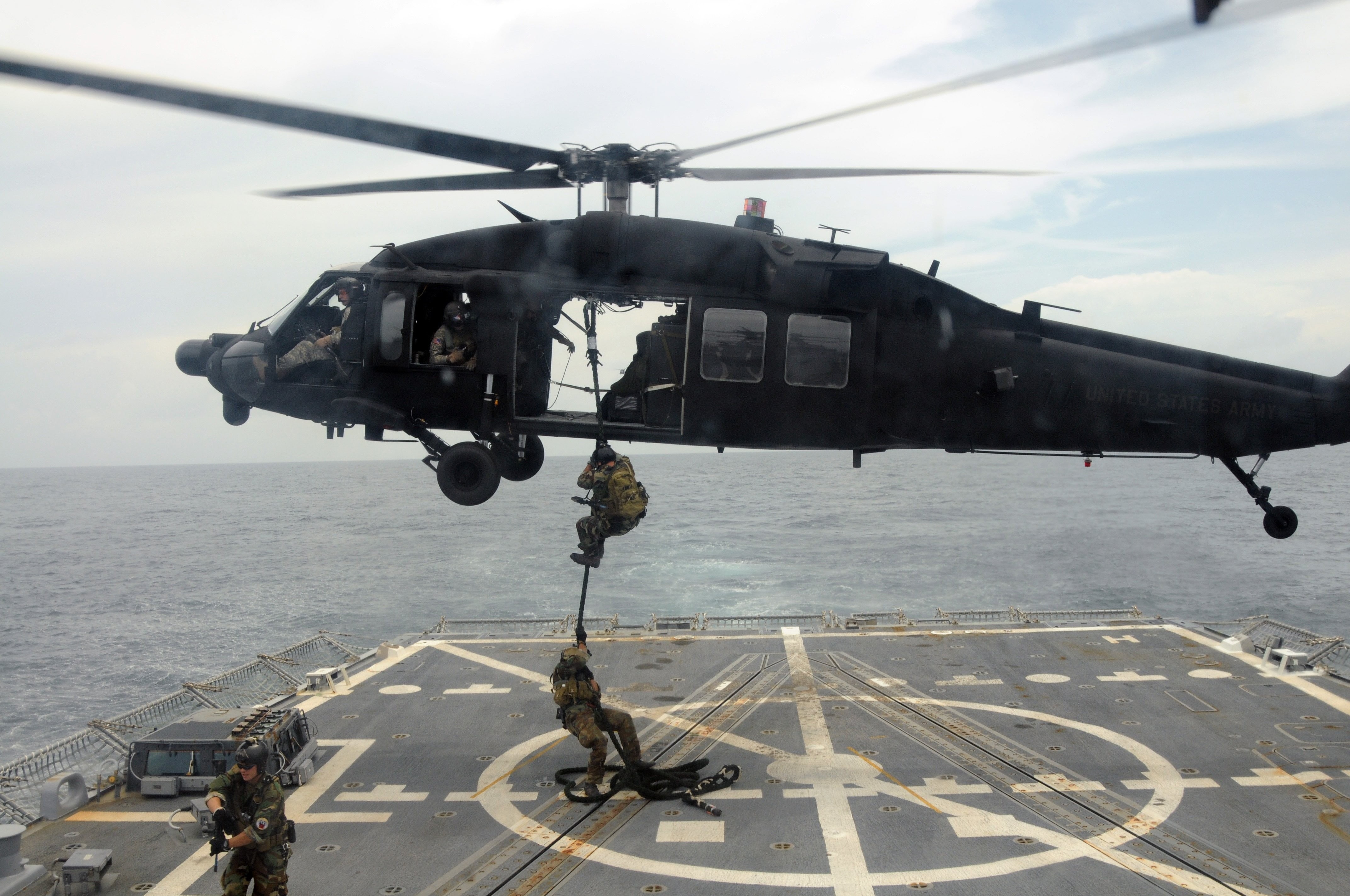 nautical vessel, compound, day, ship, vehicle, incidental people, transportation, air vehicle, navy, propeller, sky, water, soldier, unrecognizable person, HD Wallpaper