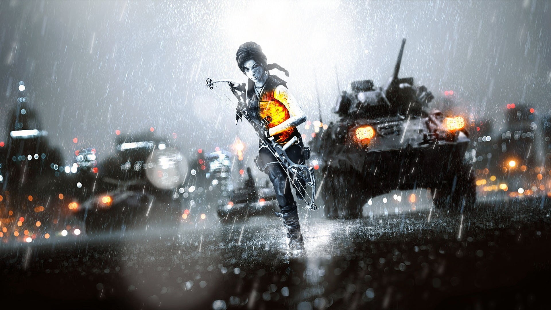 compound, car, sport, 1080P, Battlefield, motor vehicle, female, motion, Lara Croft, transportation, land vehicle, holding, snowing, bow, water, HD Wallpaper
