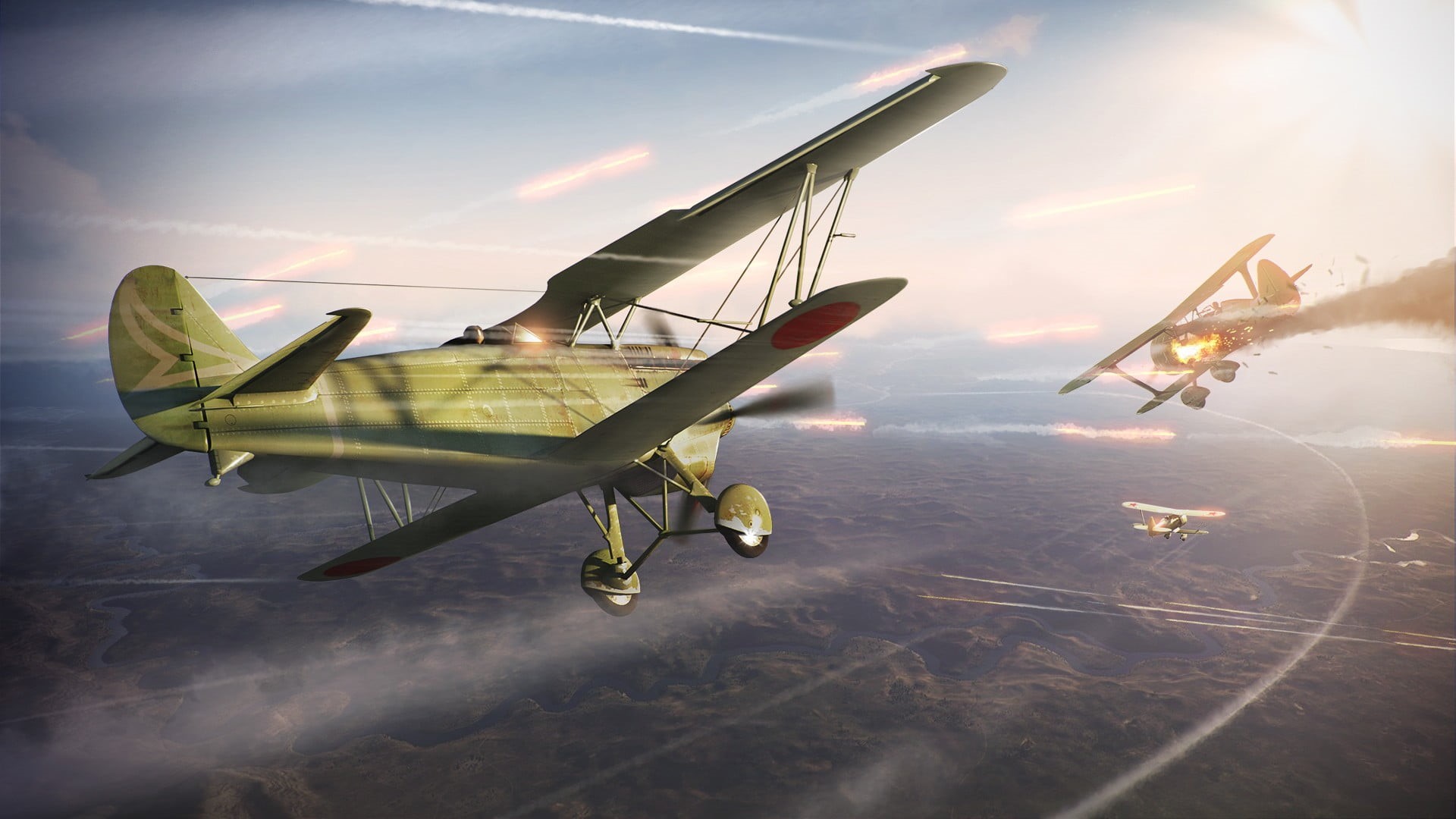 airplane, no people, day, War Thunder, propeller, 1080P, aircraft wing, black, air vehicle, transportation, plane, lens flare, cloud - sky, brown, journey, HD Wallpaper
