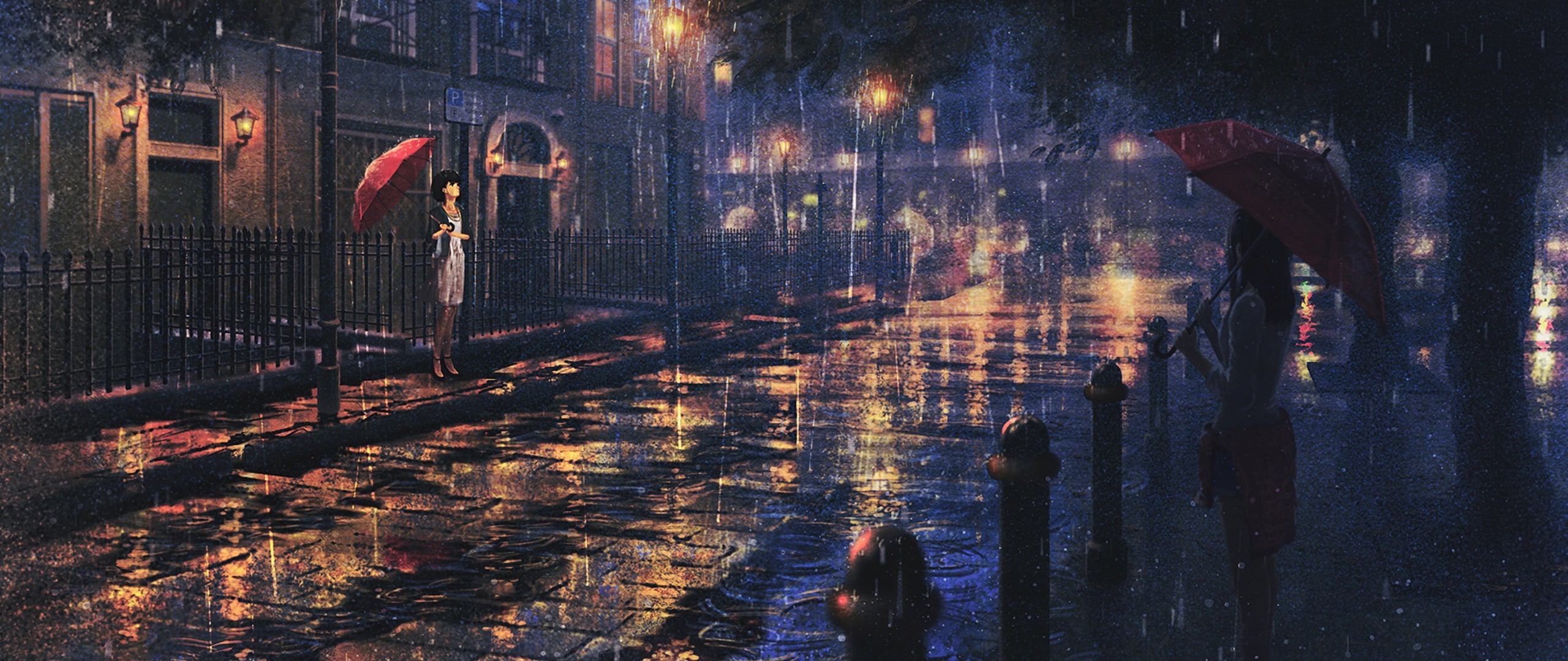street light, 2K, transportation, snowing, footpath, umbrella, cold temperature, holding, illuminated, Japan, street, night, red, rainy season, painting, HD Wallpaper