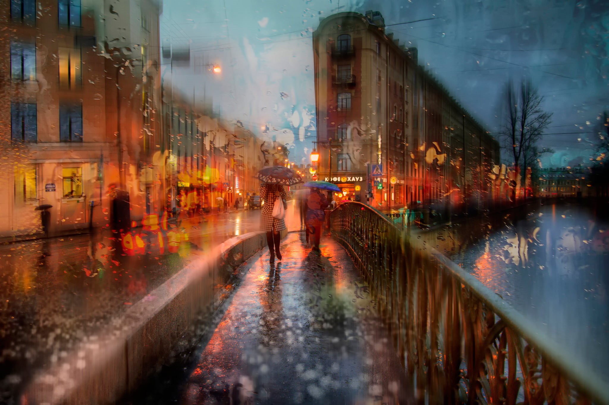 cultures, built Structure, wet, building, cityscape, outdoors, painting, long Exposure, umbrella, dusk, urban Scene, night, architecture, walking, travel Destinations, HD Wallpaper