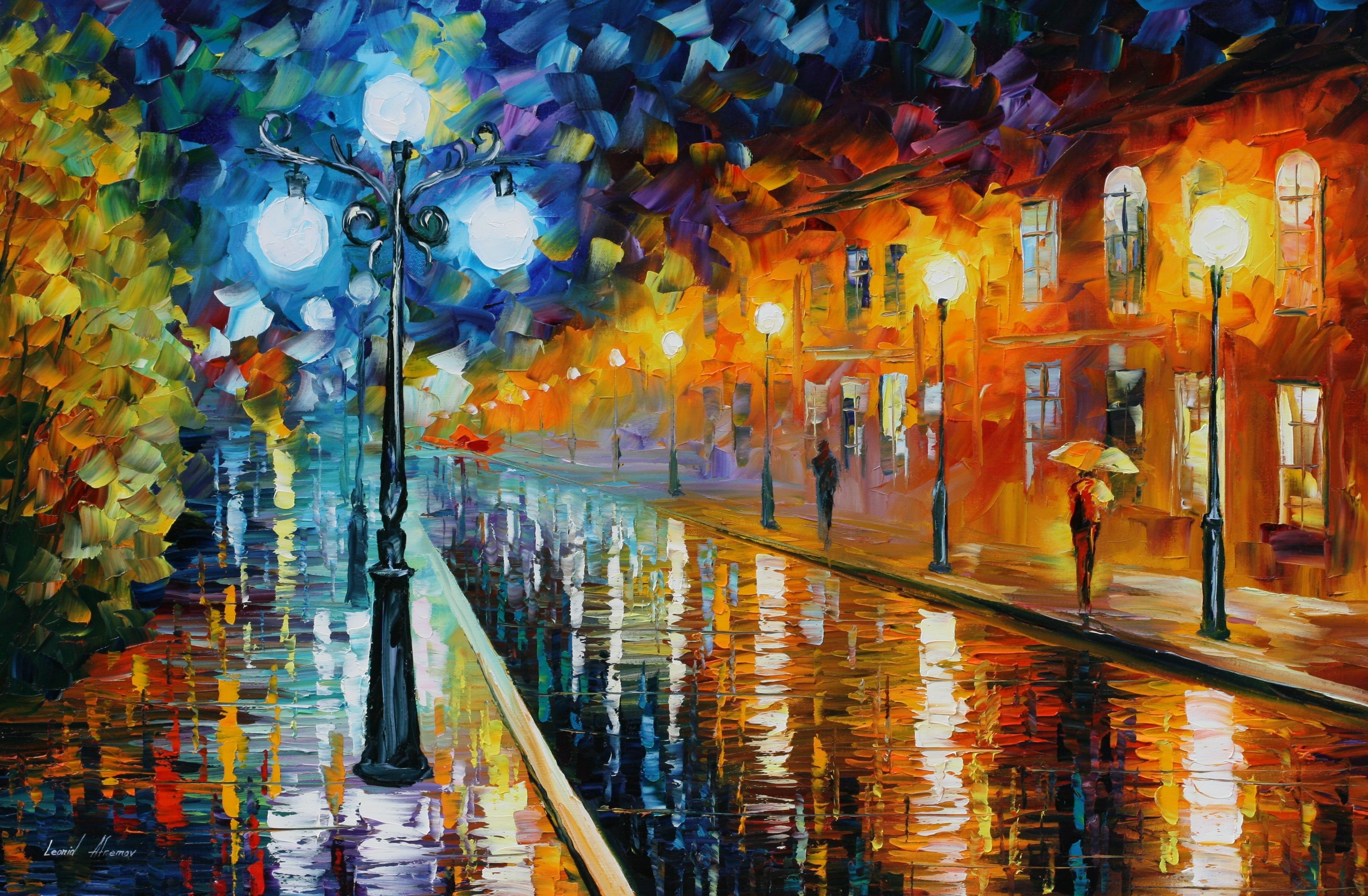 men, city Life, rainy, real people, street Light, orange color, building, Leonid Afremov, leisure activity, water, 2K, electric Lamp, travel, asia, cityscape, HD Wallpaper