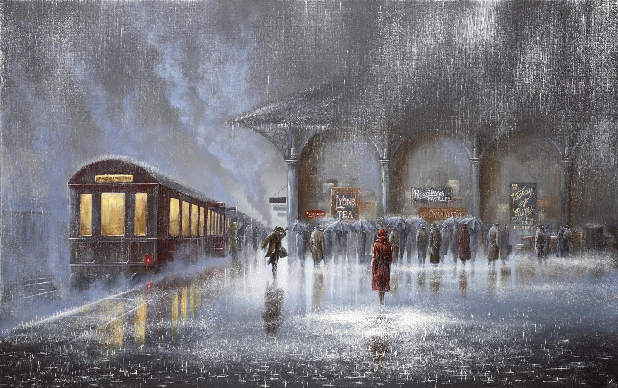 cold temperature, snowing, street, nature, the platform, picture, water, the car, wet, Jeff Rowland, outdoors, umbrellas, building, winter, 1080P, rain, HD Wallpaper