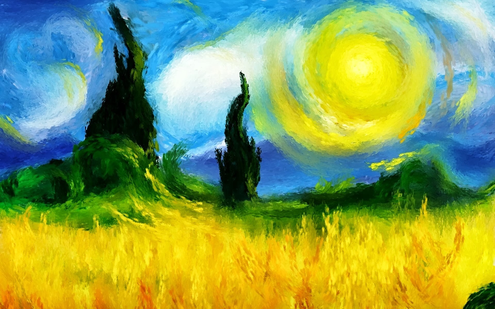 art and craft equipment, yellow, pattern, textured, creativity, paintings, landscape, motion, artwork, backgrounds, art and craft, 1080P, oil painting, HD Wallpaper