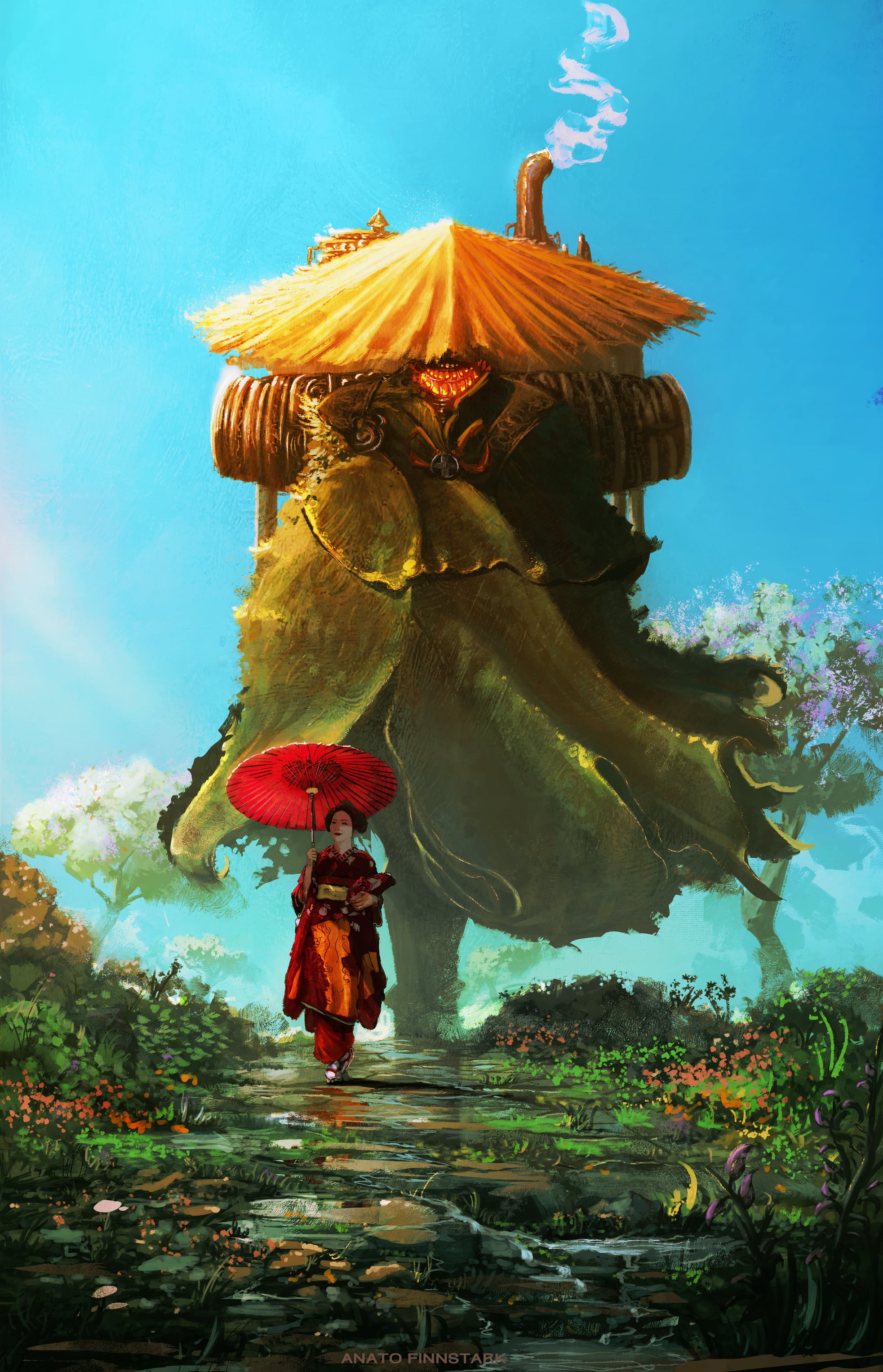 artwork, drawing, giant, fantasy art, kimono, vertical, samurai, path, sky, umbrella, Japan, Anato Finnstark, environment, digital painting, straw hat, Phone HD Wallpaper