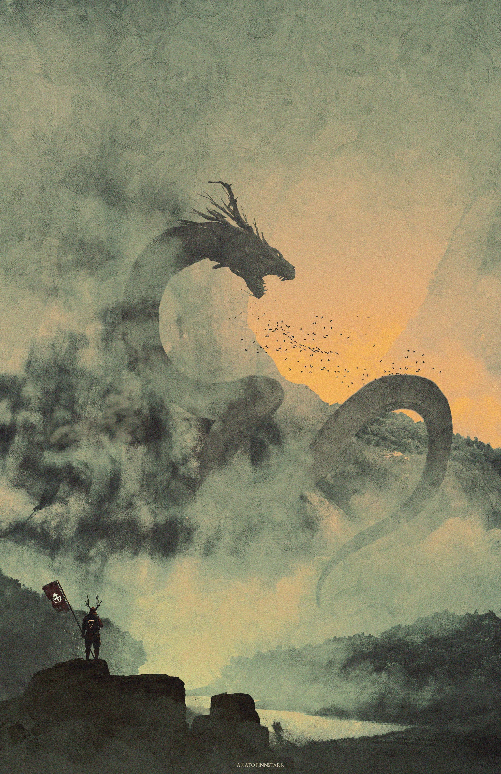 dragon, artwork, samurai, Anato Finnstark, mountains, warrior, birds, creature, 2K, fantasy art, Phone HD Wallpaper