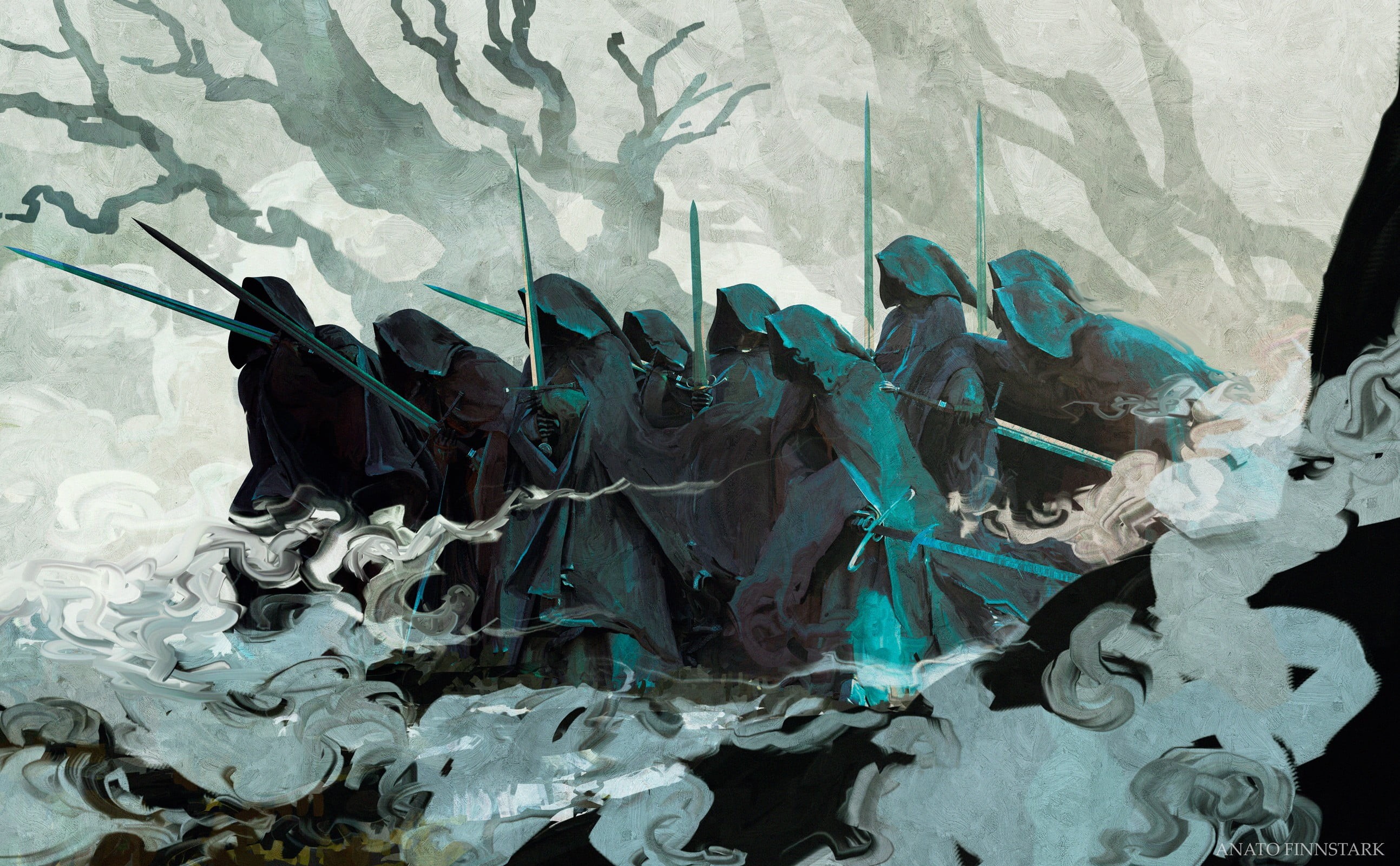 mist, The Lord of the Rings, sword, digital painting, 2K, nature, Nazgûl, hood, fantasy art, Anato Finnstark, HD Wallpaper