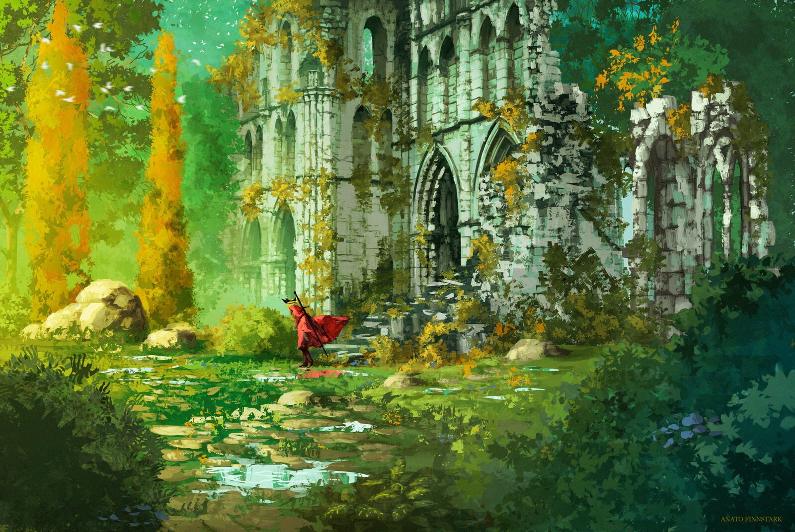 rocks, plants, Anato Finnstark, water, trees, cloaks, abandoned, stairs, concept art, cathedral, women, moss, nature, 720P, HD Wallpaper