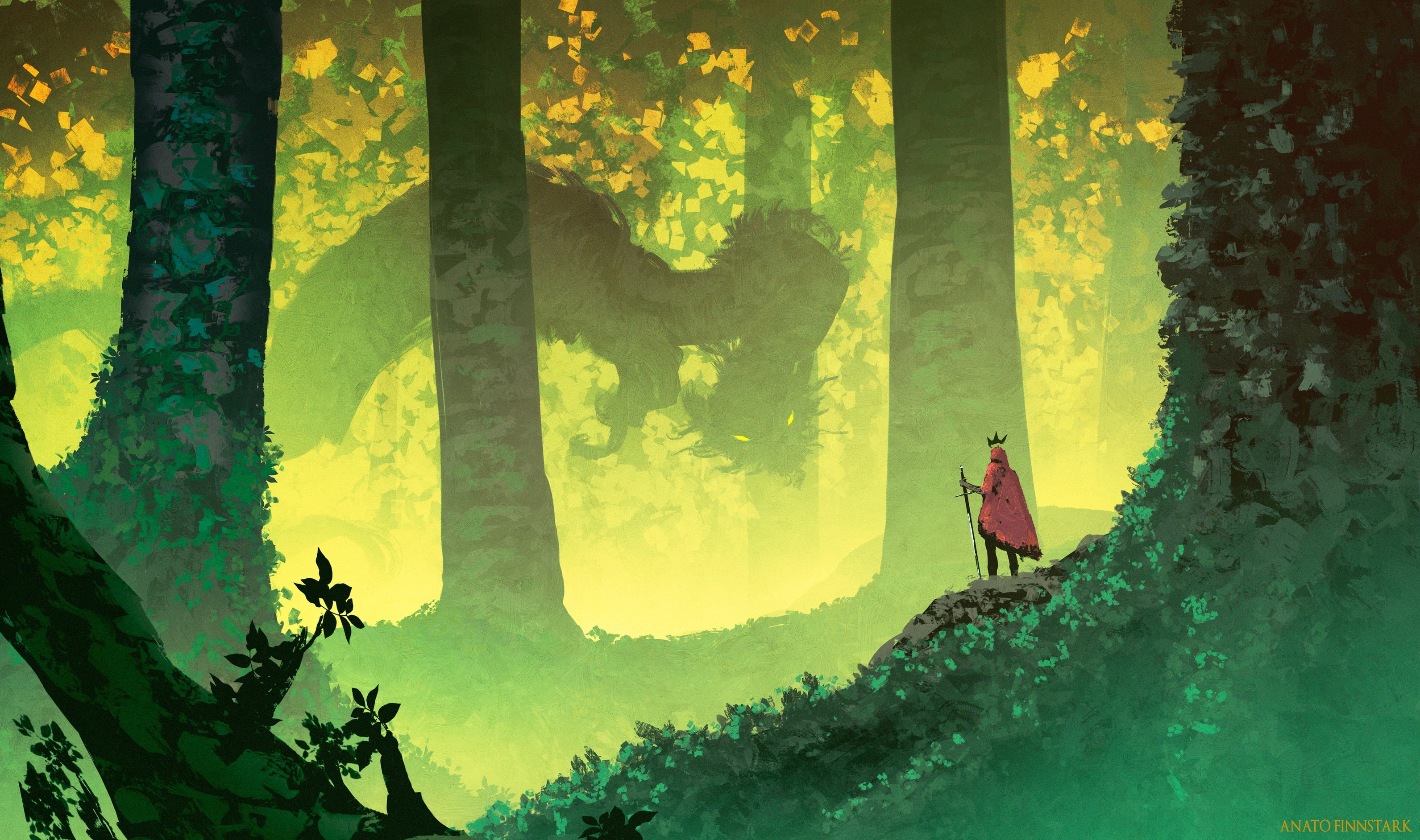 environment, weapon, dragon, landscape, king, fantasy art, Fantasy Men, green, men, crown, sword, Anato Finnstark, artwork, dark fantasy, 2K, trees, forest, HD Wallpaper