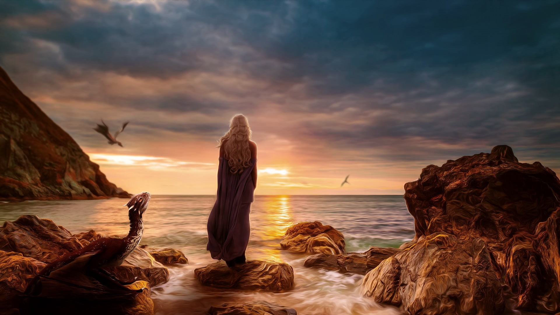 beach, fantasy girl, dragon, sunlight, Daenerys Targaryen, people, stone - Object, Game of Thrones, formation, coastline, tranquility, 1080P, sunset, nature, HD Wallpaper
