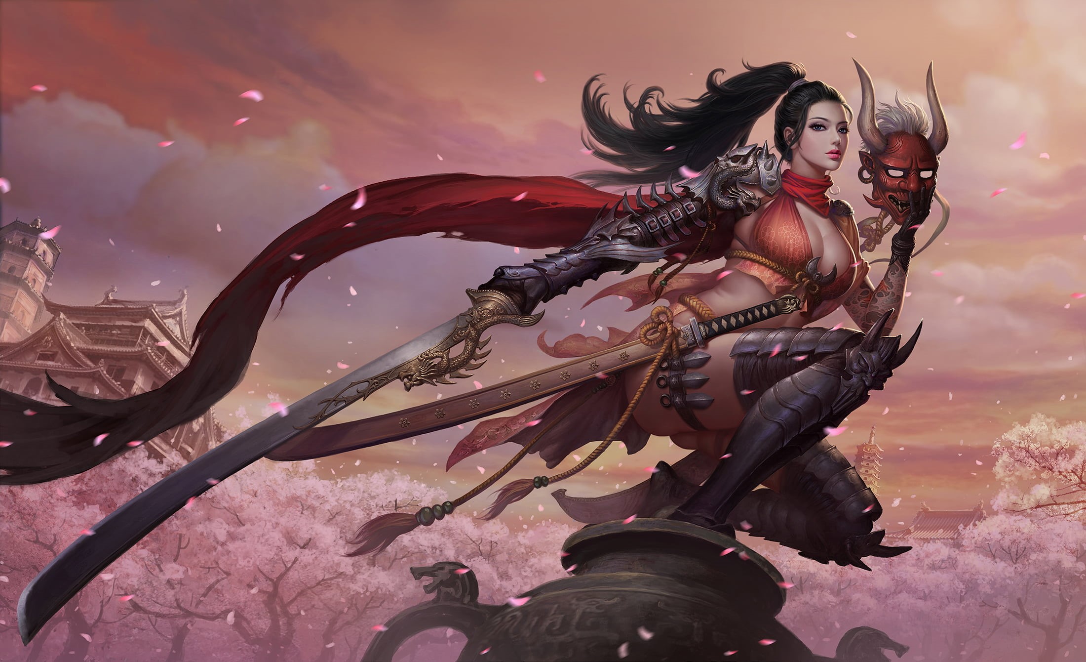 1080P, illustration, Sakura, beautiful woman, front view, holding, lifestyles, adult, young adult, mask, girl, women, arts culture and entertainment, outdoors, HD Wallpaper