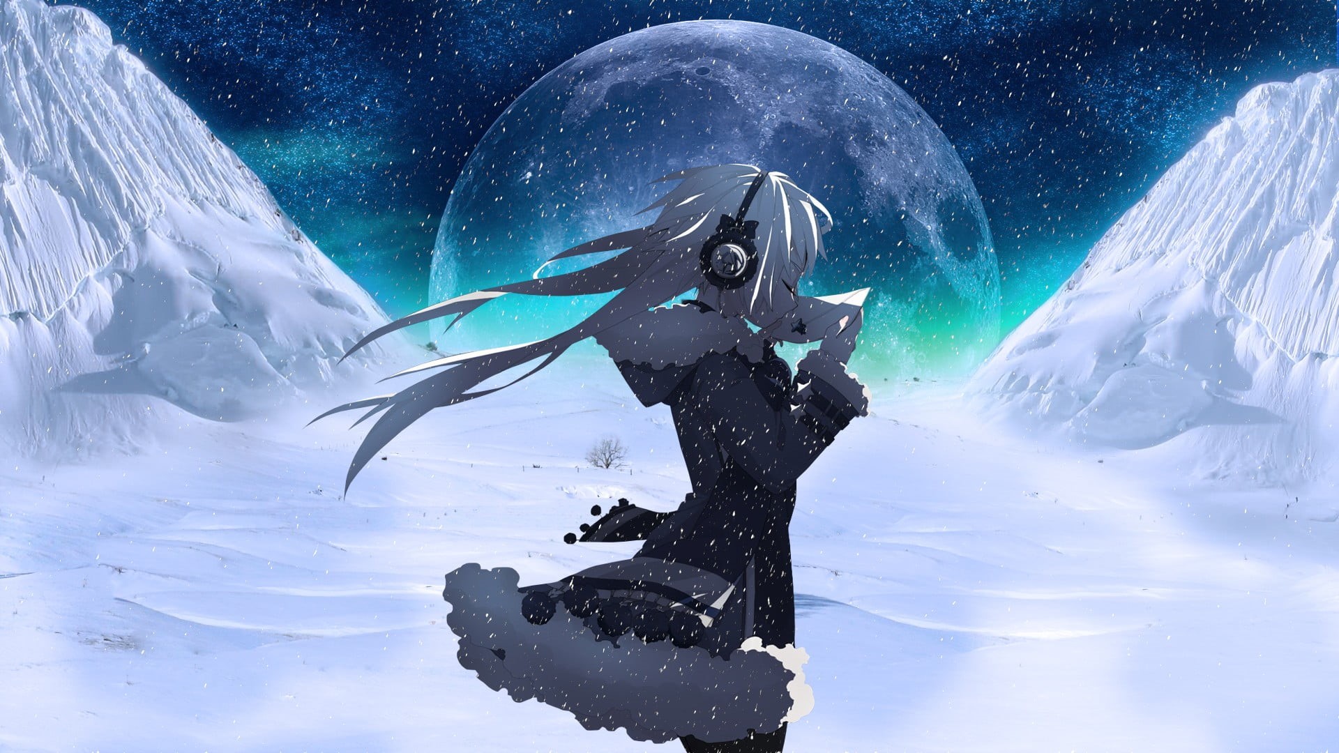 real people, digital, men, frozen, fantasy art, adult, Moon, mountain, nature, headphones, astronomy, people, beauty in nature, white, anime girls, backgrounds, HD Wallpaper