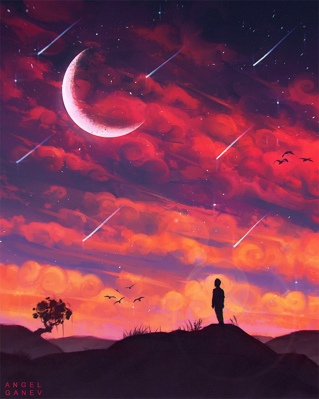 720P, landscape, sky, Angel Ganev, nature, Moon, clouds, drawing, Phone HD Wallpaper