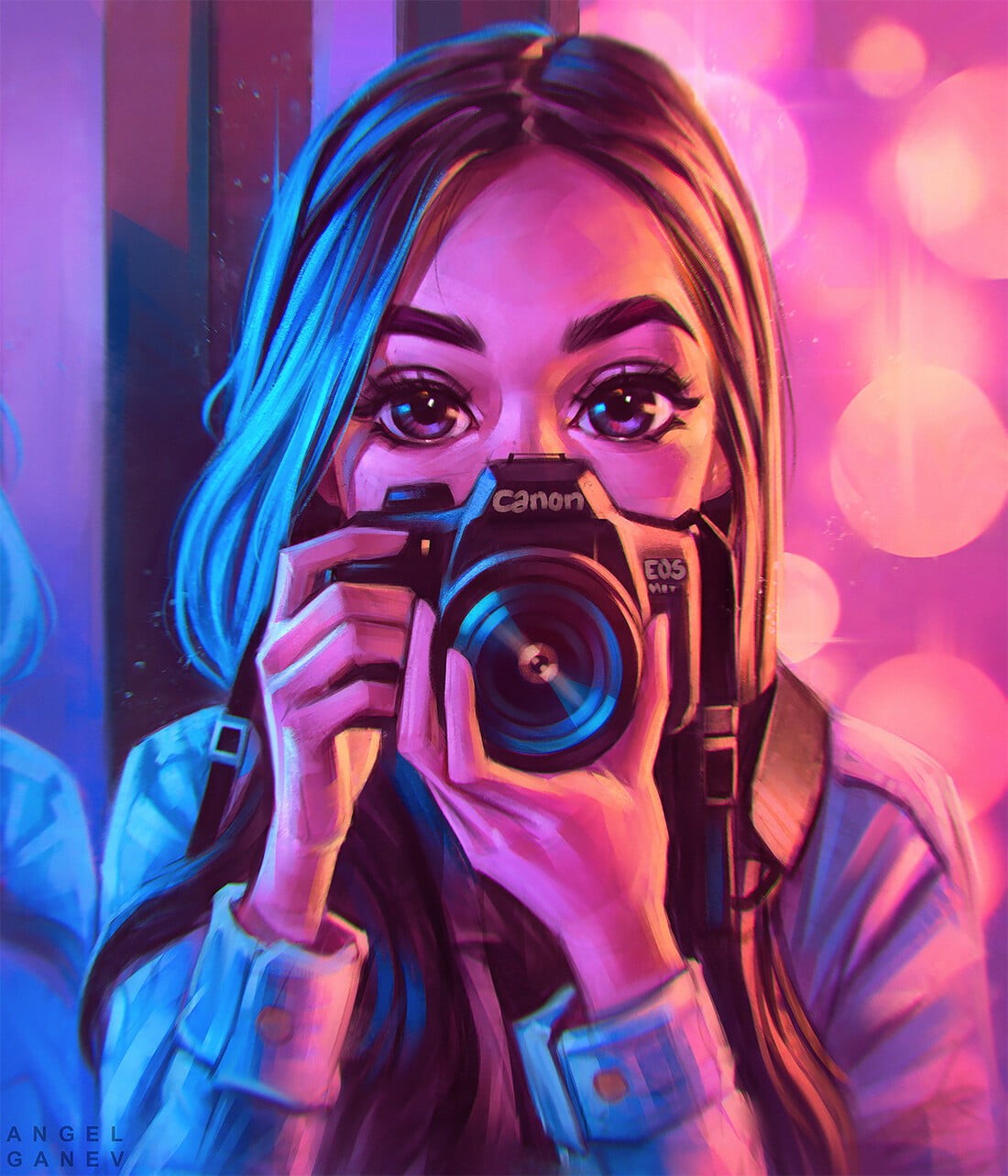 artwork, digital, Canon, women, 720P, camera, pink, Angel Ganev, cyan, Phone HD Wallpaper