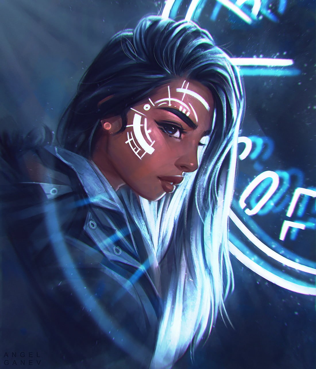 long hair, earring, drawing, juicy lips, digital art, painting, profile, cyberpunk, portrait, digital painting, neon, 720P, Angel Ganev, tribal, dyed hair, Phone HD Wallpaper