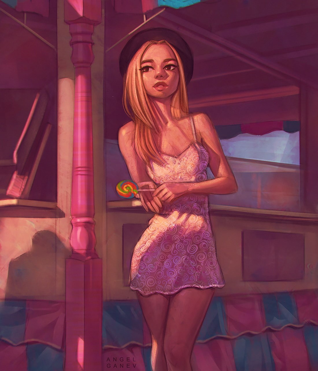 Angel Ganev, women with hats, women, digital art, looking away, 2D, portrait display, dress, blonde, standing, illustration, drawing, 720P, lollipop, digital painting, Phone HD Wallpaper