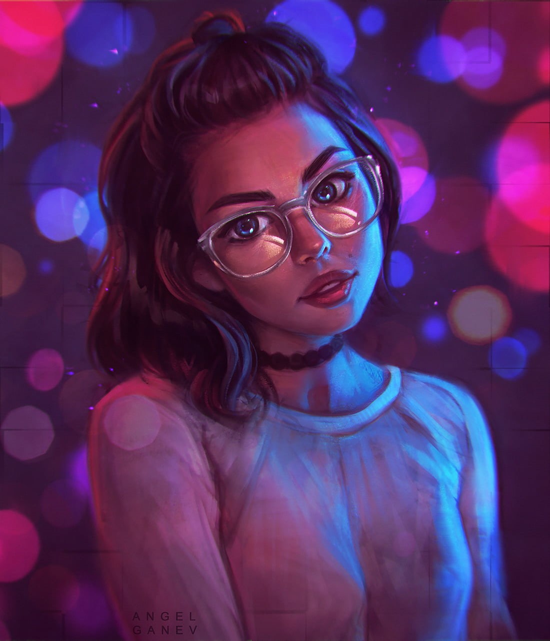Angel Ganev, women, blue eyes, painting, portrait, looking at viewer, digital painting, artwork, brunette, digital art, 2D, 720P, drawing, women with glasses, Phone HD Wallpaper
