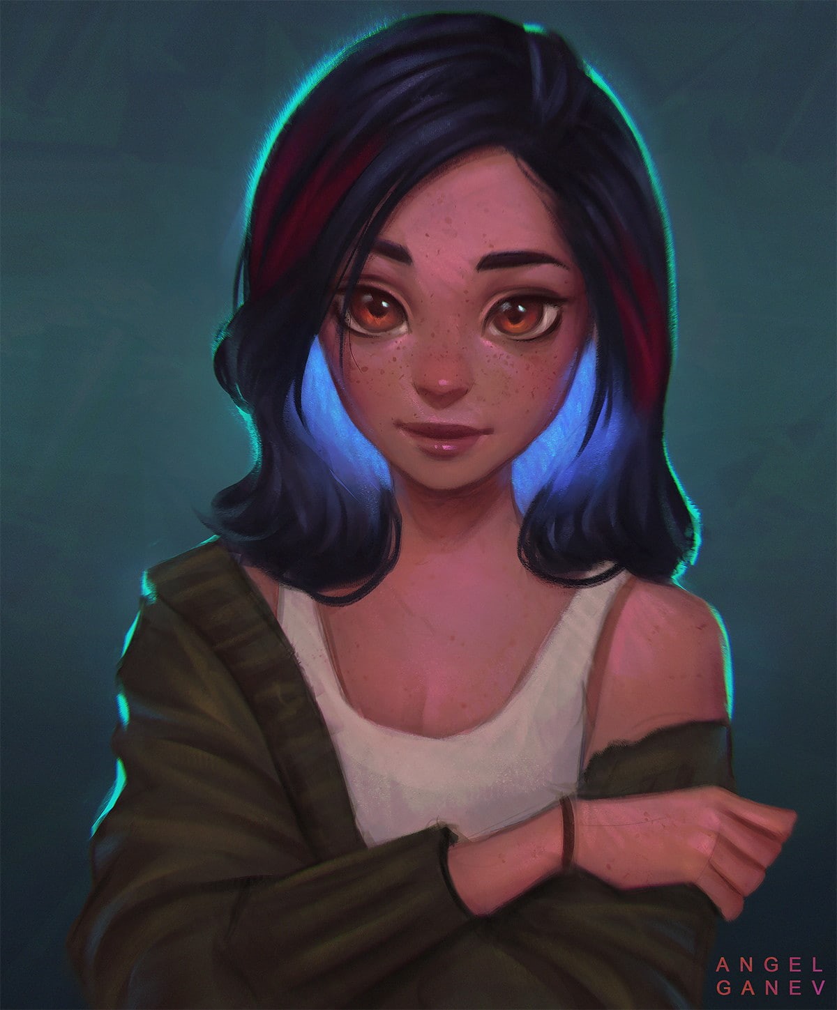 neon, Angel Ganev, drawing, 720P, blue hair, women, Phone HD Wallpaper