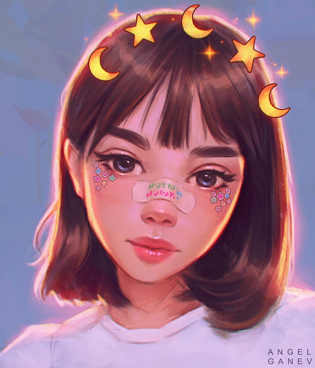digital painting, artwork, painting, 2D, portrait, 720P, looking at viewer, Band-Aid, illustration, digital art, drawing, stars, brunette, Angel Ganev, Phone HD Wallpaper