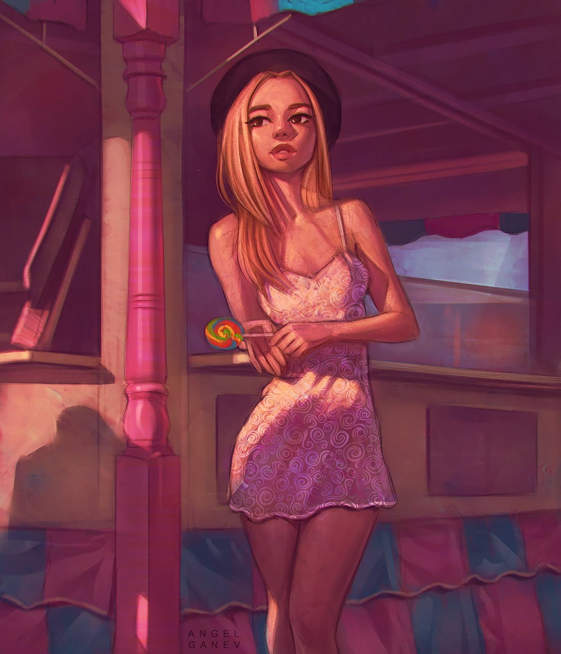 looking away, portrait display, digital art, digital painting, women with hats, 2D, dress, illustration, blonde, women, artwork, painting, portrait, lollipop, Phone HD Wallpaper