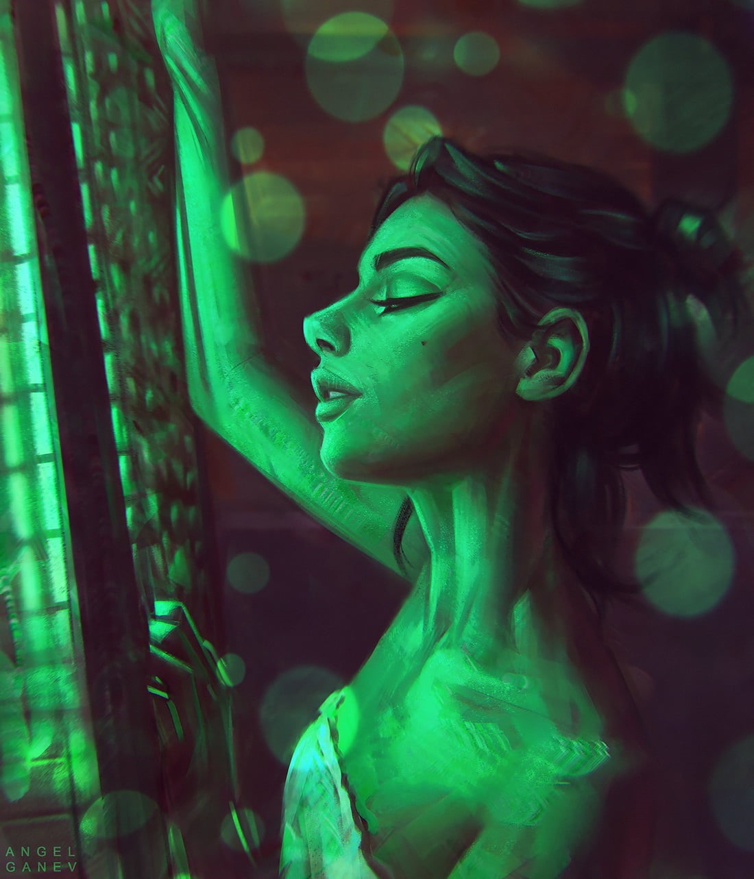 Angel Ganev, 720P, digital art, hairbun, bokeh, digital painting, illustration, dark, painting, portrait, bare shoulders, artwork, drawing, smiling, profile, Phone HD Wallpaper