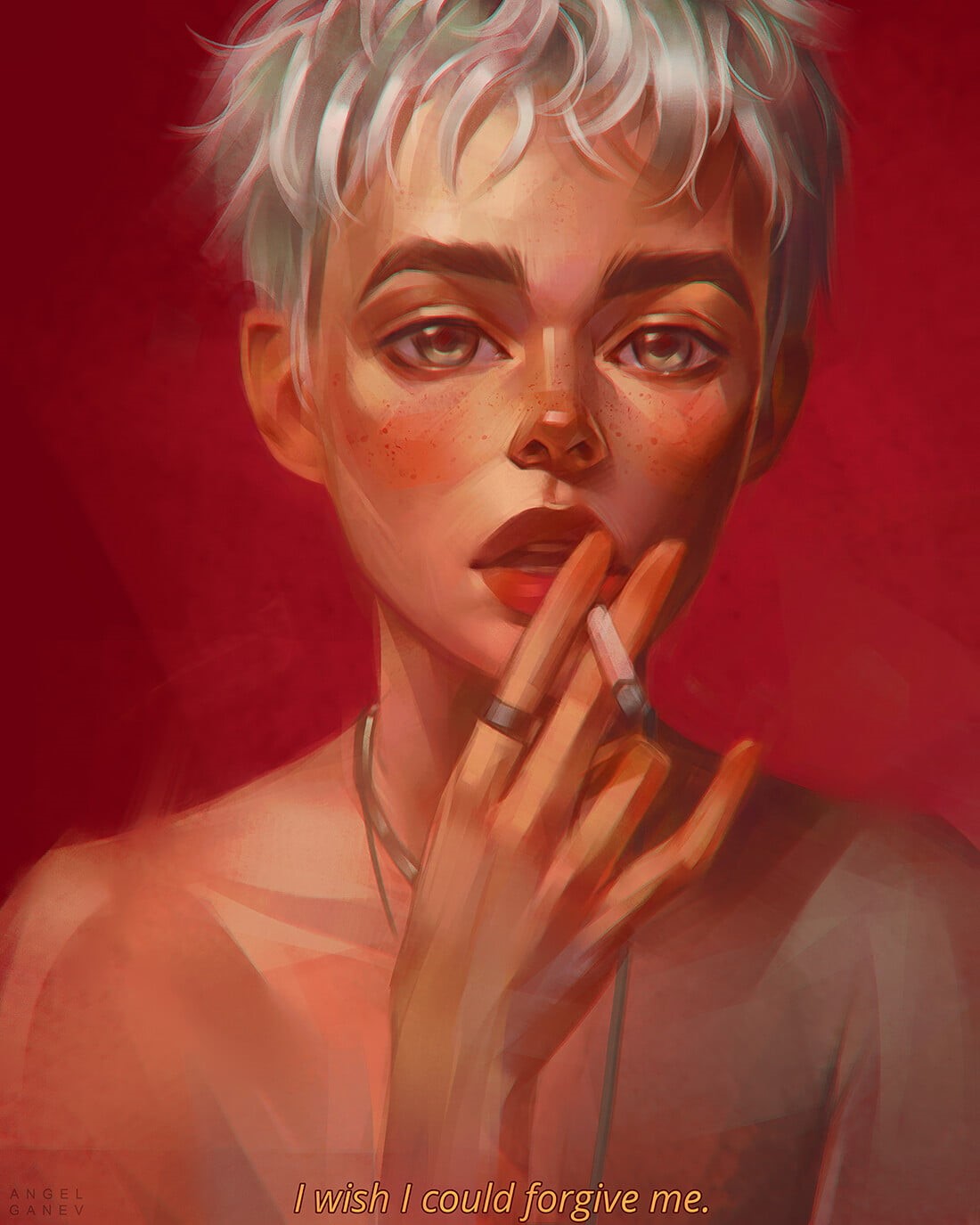 women, 720P, red background, cigarettes, red lipstick, simple background, portrait, Angel Ganev, artwork, face, smoking, short hair, Phone HD Wallpaper