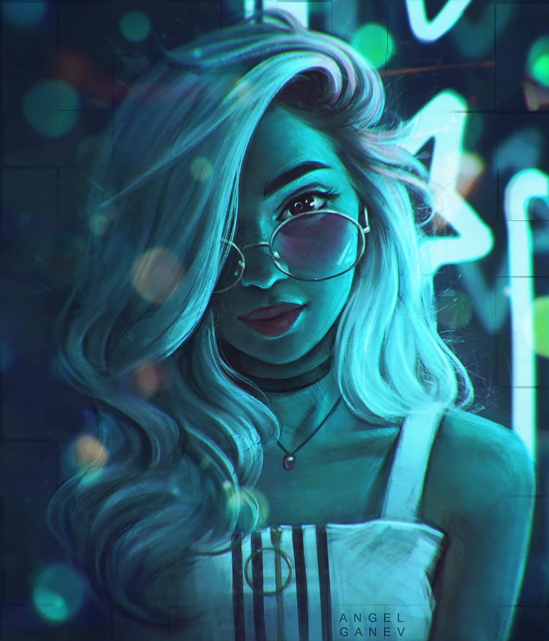 drawing, digital painting, portrait, hair in face, painting, Angel Ganev, 720P, digital art, illustration, artwork, 2D, cyan, sunglasses, necklace, women, Phone HD Wallpaper