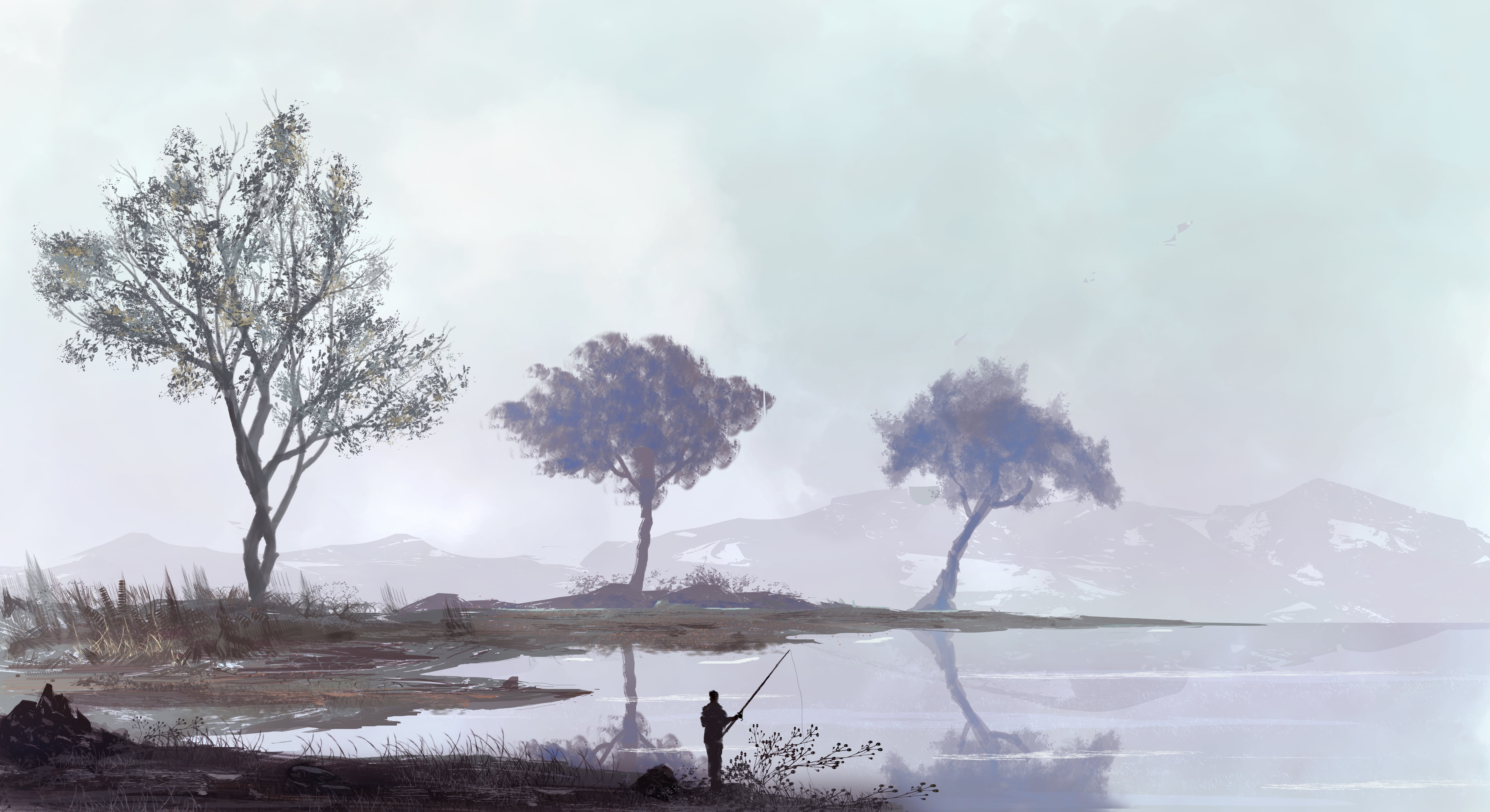 Landscapes, People, Fishing Spot, River, 5K, Fishing, Lake, TacoSauceNinja, by TacoSauceNinja, Digital Art, Art, Landscape, Figure, HD Wallpaper