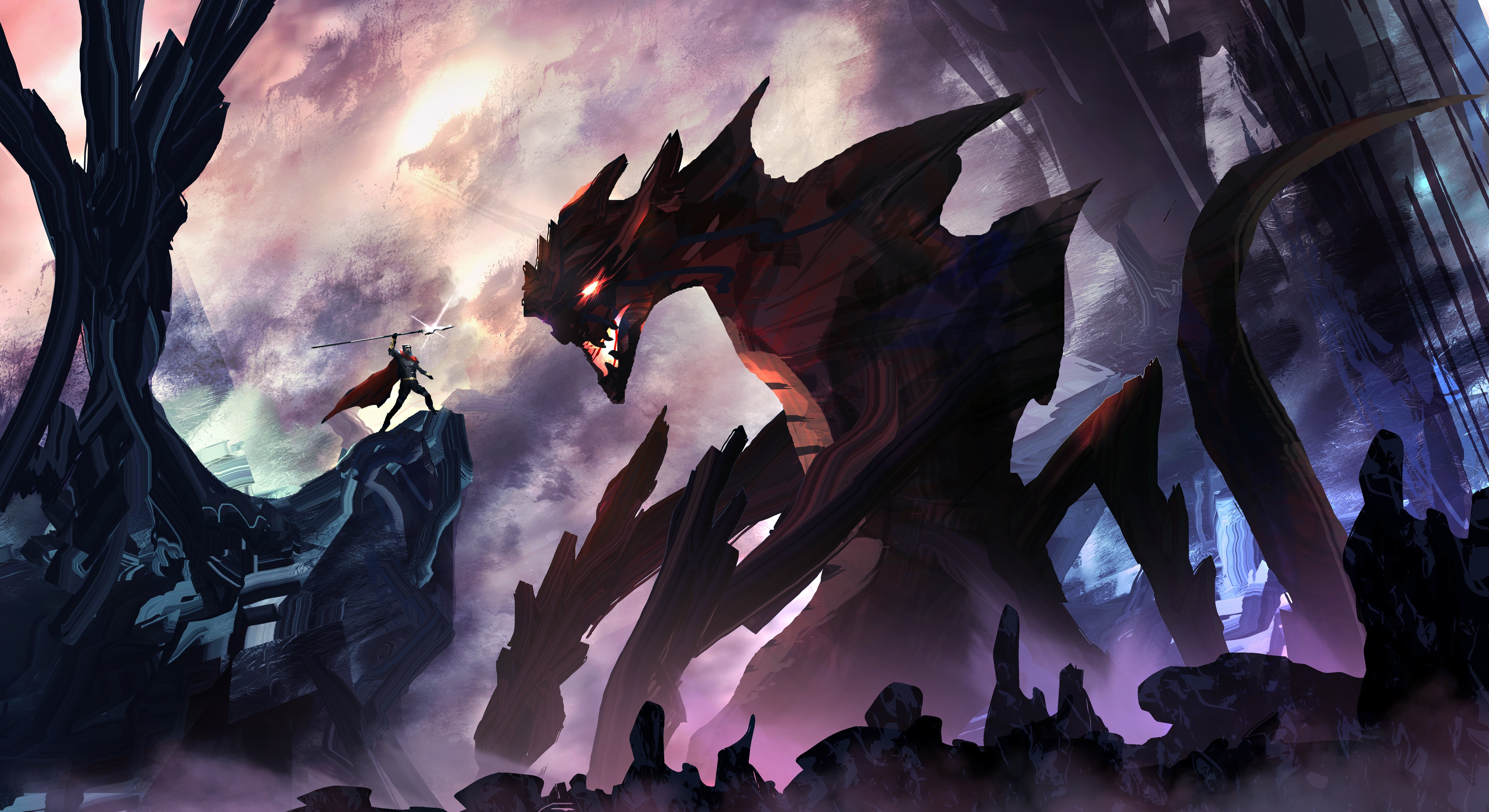 Fiction, Showdown, Art, 5K, Landscape, Battle, TacoSauceNinja, Monster, Digital Art, The demon, Warrior, Figure, Landscapes, by TacoSauceNinja, HD Wallpaper