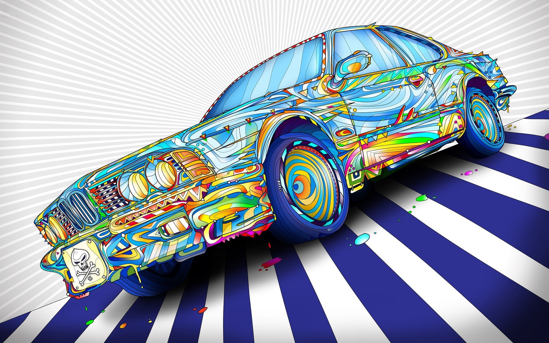 psychedelic, car, Matei Apostolescu, textile, creativity, skull and bones, still life, wheels, blue, lines, day, shape, close-up, 1080P, white background, HD Wallpaper
