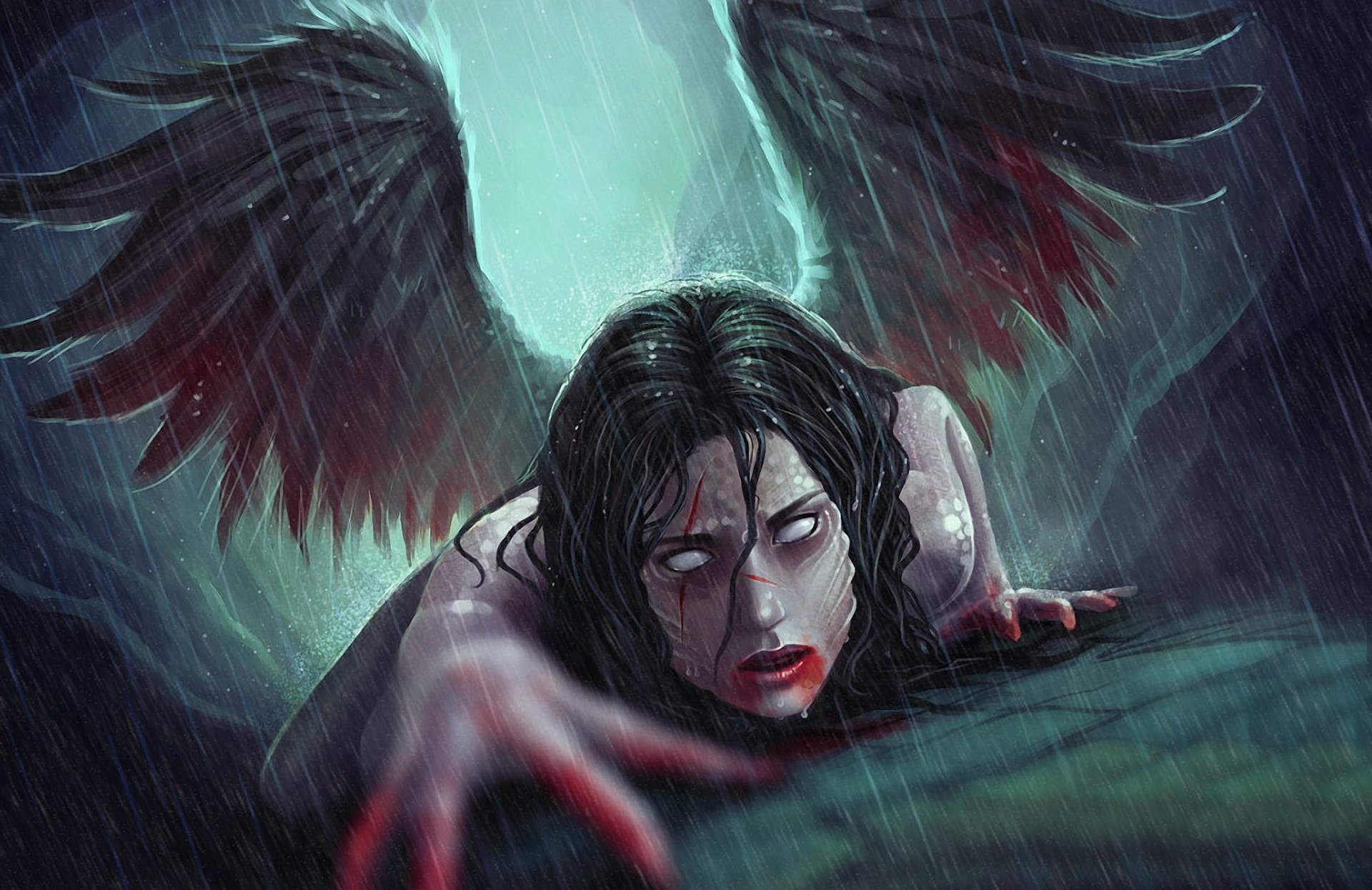 1080P, scrambles, aggression, blood, eyes white, women, females, beautiful woman, hairstyle, hair, wings, fear, adult, cuts, angel, looking at camera, HD Wallpaper